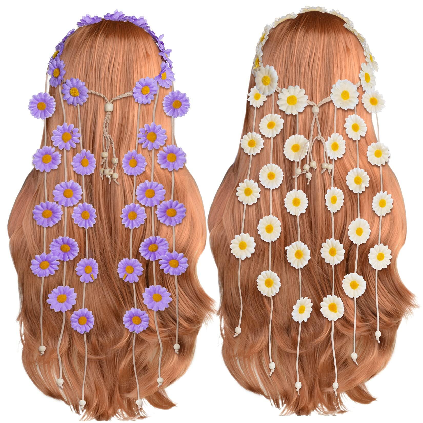 2pcs Bohemian Flower Headbands - Floral Crown Hair Accessories with Sunflowers in Beige & Purple for Festivals, Weddings, and Summer Outfits