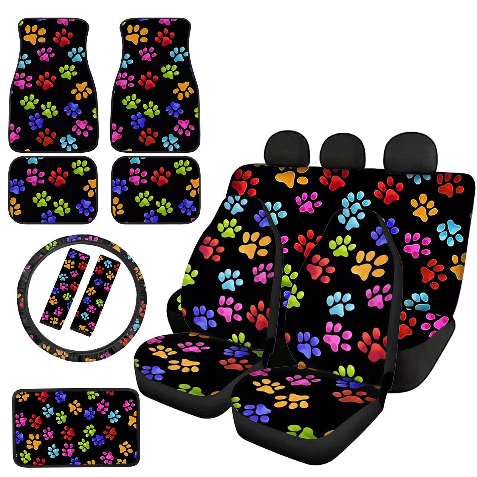 GIFTPUZZ 12-Piece Cute Paws Print Car Accessories Set - Front Seat Covers, Backrest Cushion, Steering Wheel Cover, Seat Belt Shoulder Pads, Armrest Cover & Floor Mats - Perfect for Pet Lovers & Car Interior Protection