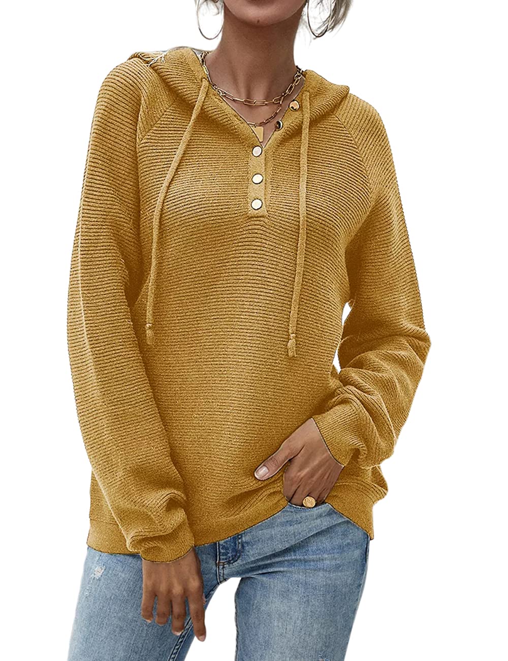 Lrady Women's Casual Pullover Sweater Knit Hoodie Button-Up Sweatshirt V-Neck Henley Shirt Blouse Tunic Top for Fall Winter Layering & Everyday Wear