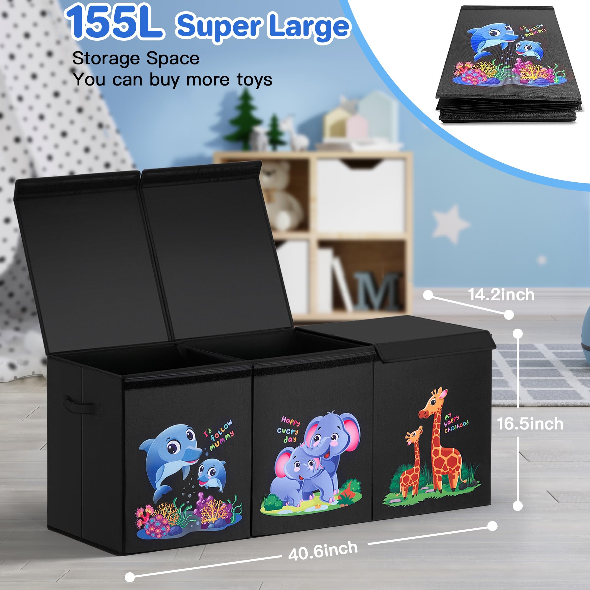 Large Toy Storage Box with Removable Divider & Flip-Top Lid - Collapsible Kids Toy Organizer for Nursery, Playroom, Closet - Sturdy Toy Chest for Boys, Girls, Toddlers - Perfect for Toys, Books, and Clothes Storage