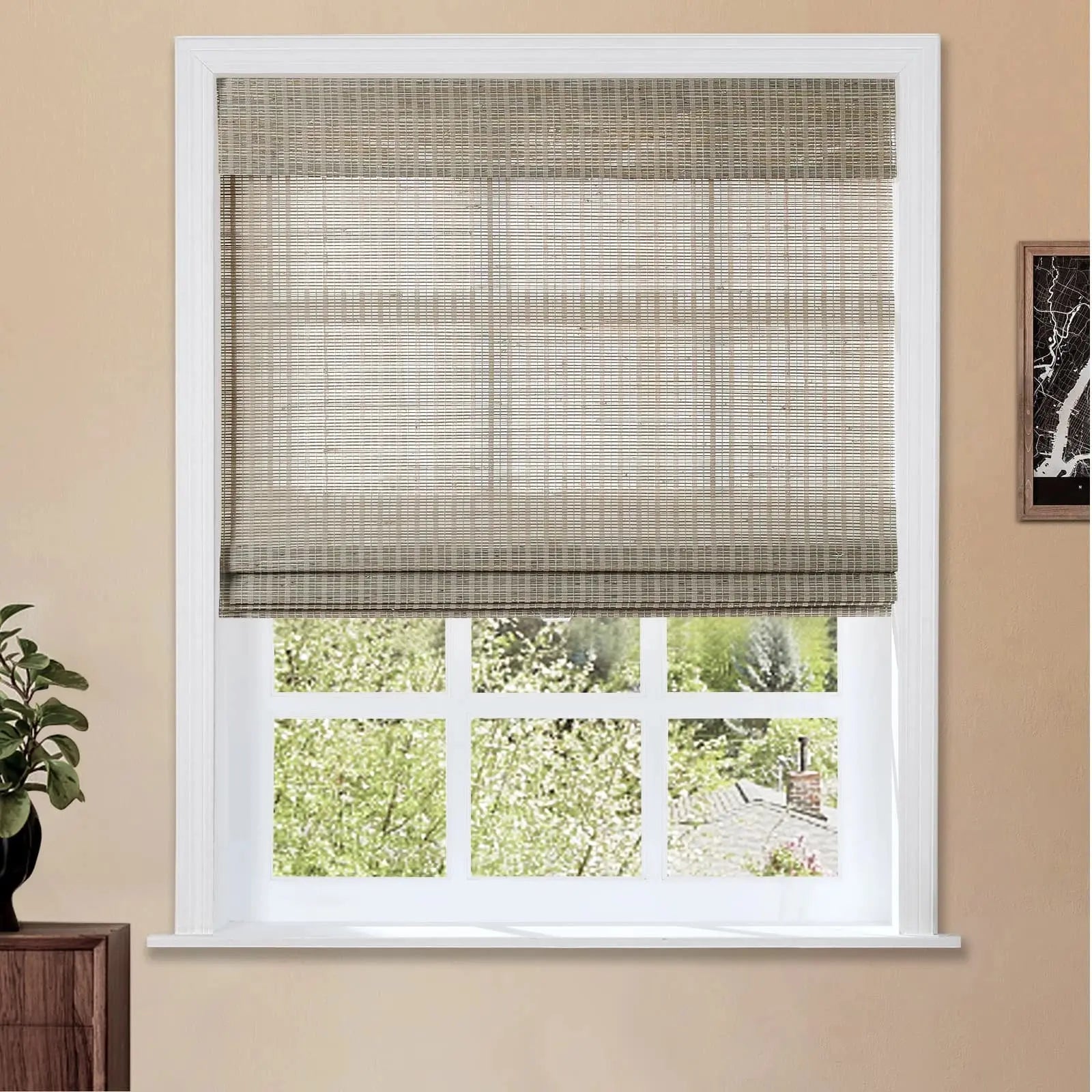 Natural Ramie Bamboo Woven Window Shade - Woodsmoke Color | Eco-Friendly Room Darkening Window Treatment for Living Room & Bedroom