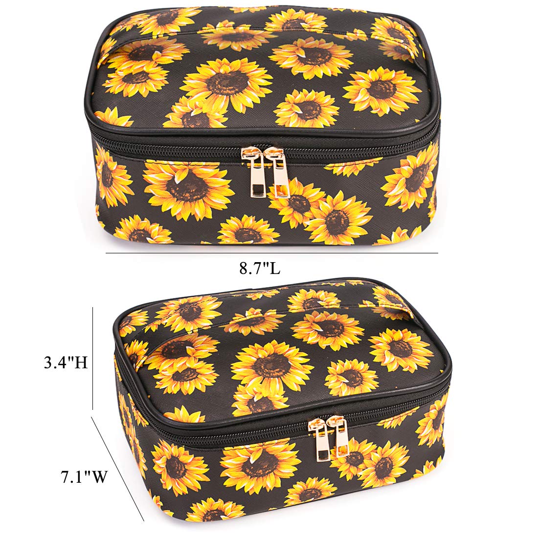 **Large Waterproof Sunflower Printed Makeup Bag - Travel Cosmetic Organizer with Gold Zipper for Brushes & Toiletries | Perfect for Women's Travel, Gym, or Daily Essentials Storage**