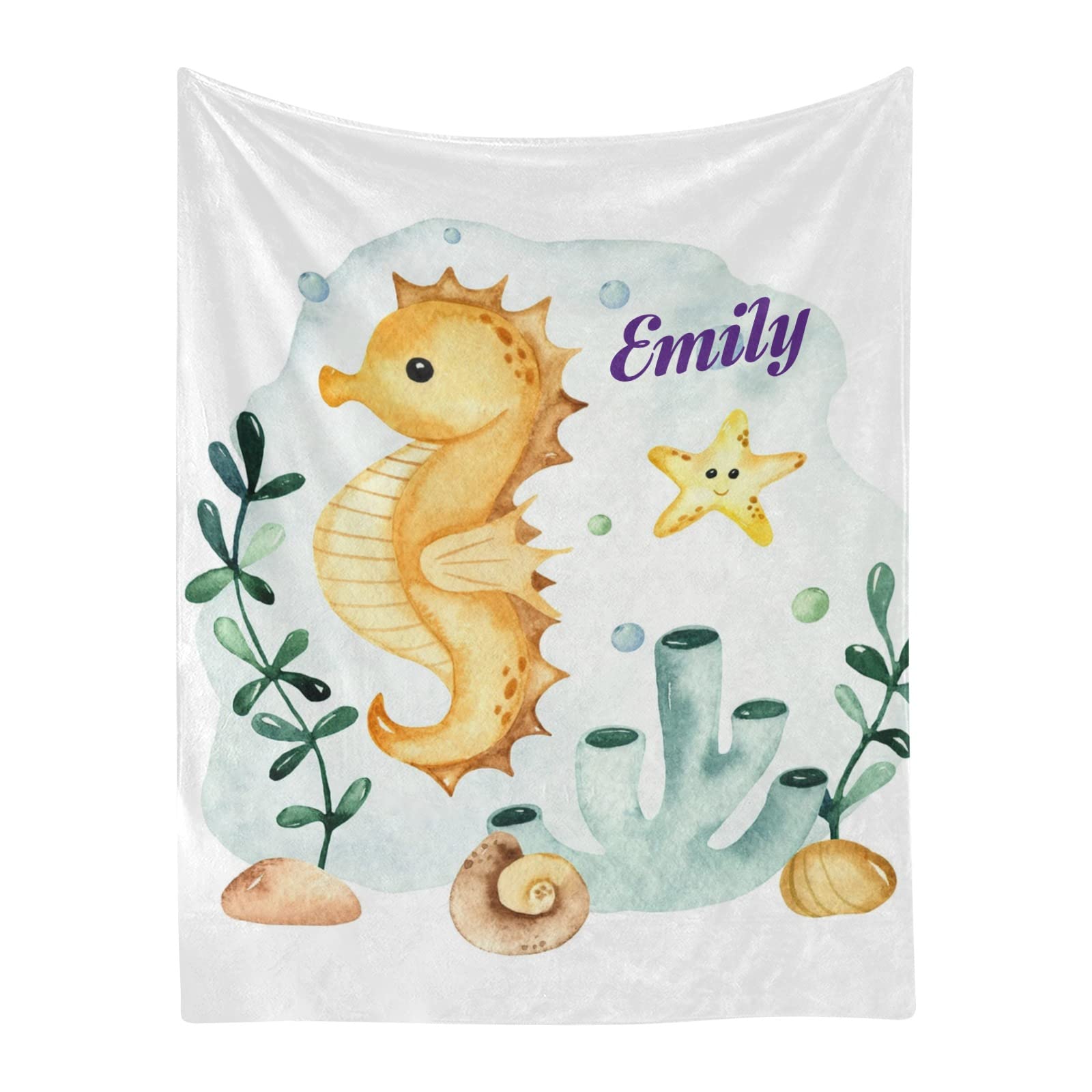 Personalized Seahorse Starfish Baby Blanket - Custom Name Fleece Swaddling Blanket for Newborns, Boys, Girls & Kids - 30