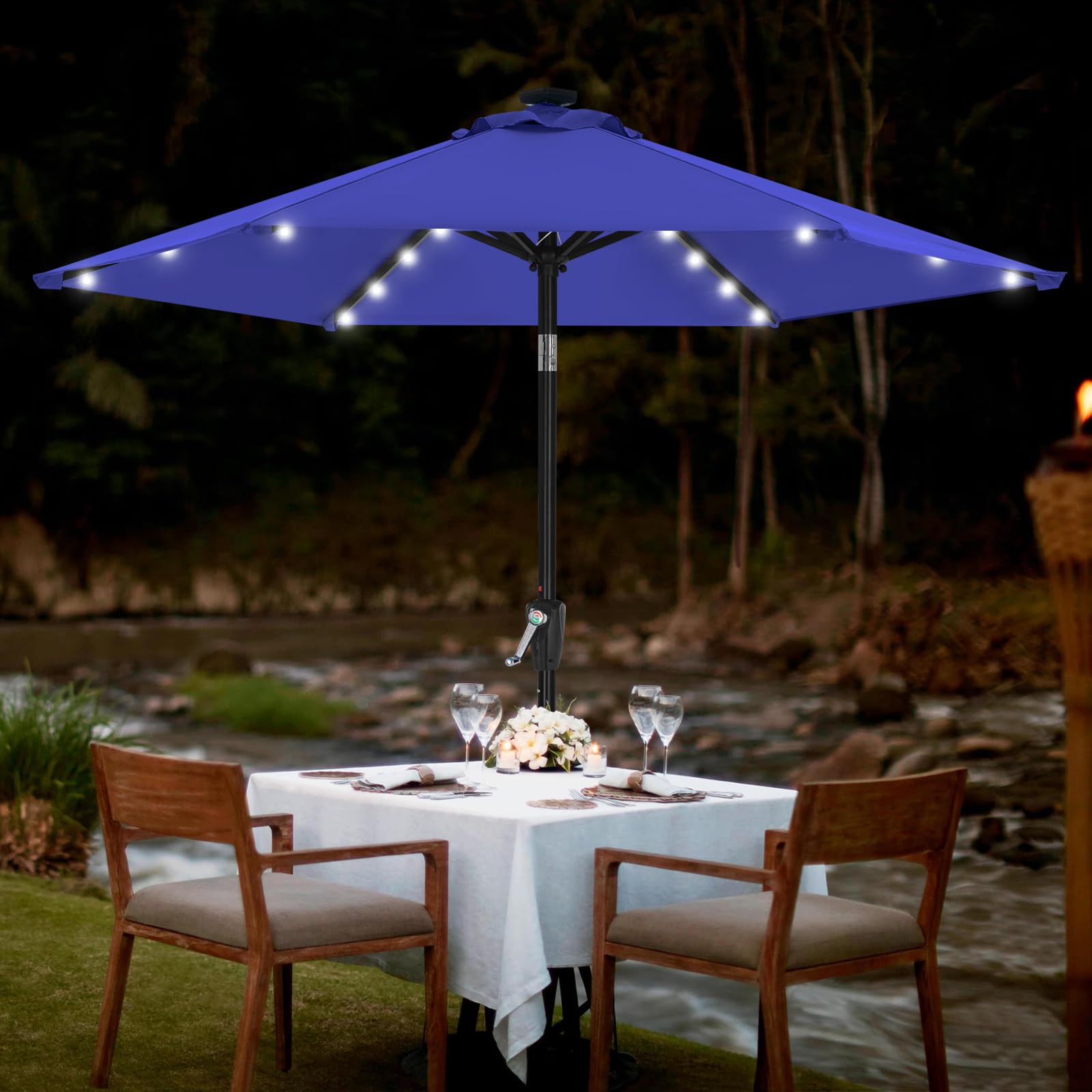 MASTERCANOPY 7.5ft Blue Solar LED Patio Umbrella - Outdoor Garden, Poolside, Backyard Shade with Built-in Lights for Evening Relaxation