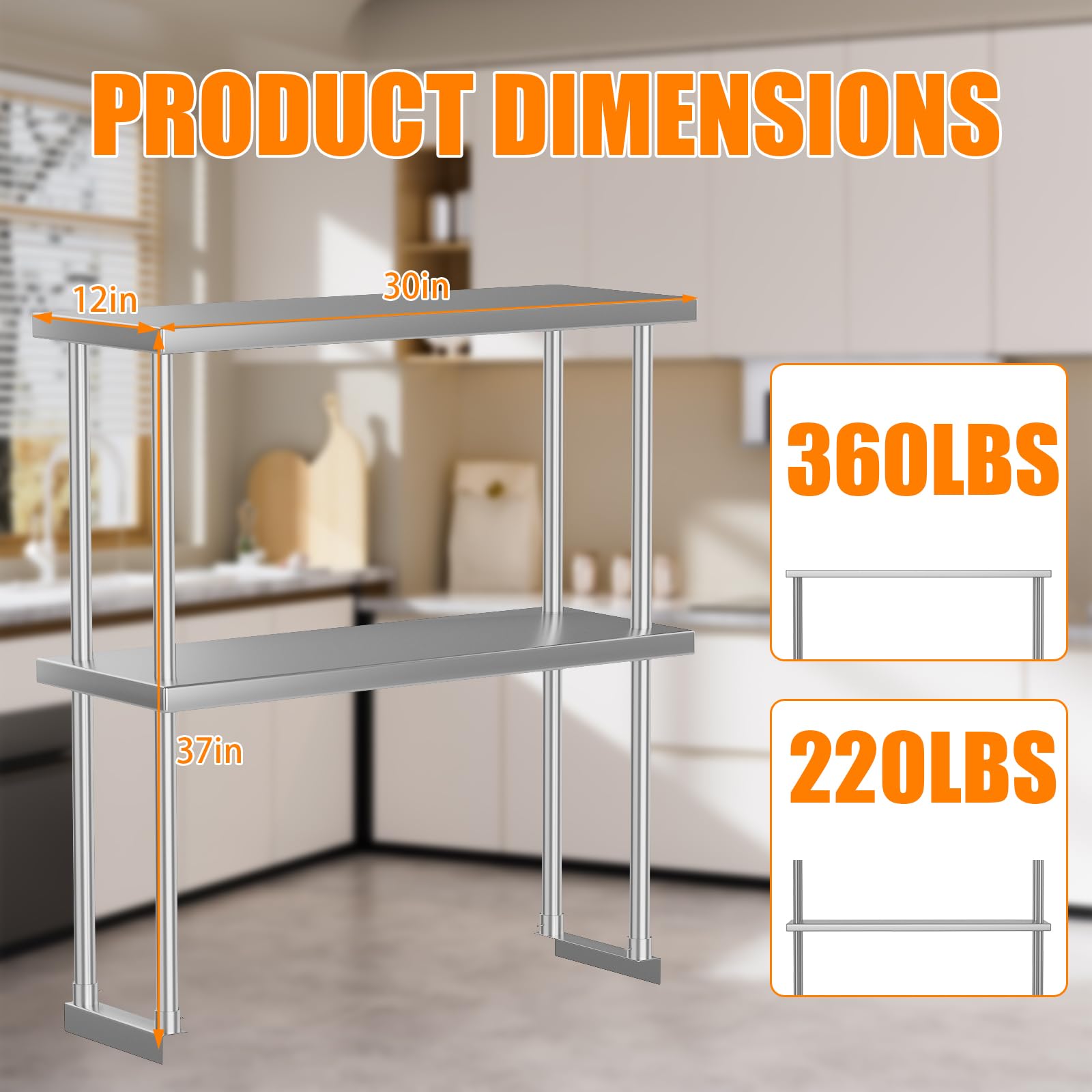 Stainless Steel 2-Tier Adjustable Overshelf for Work & Prep Table - 12