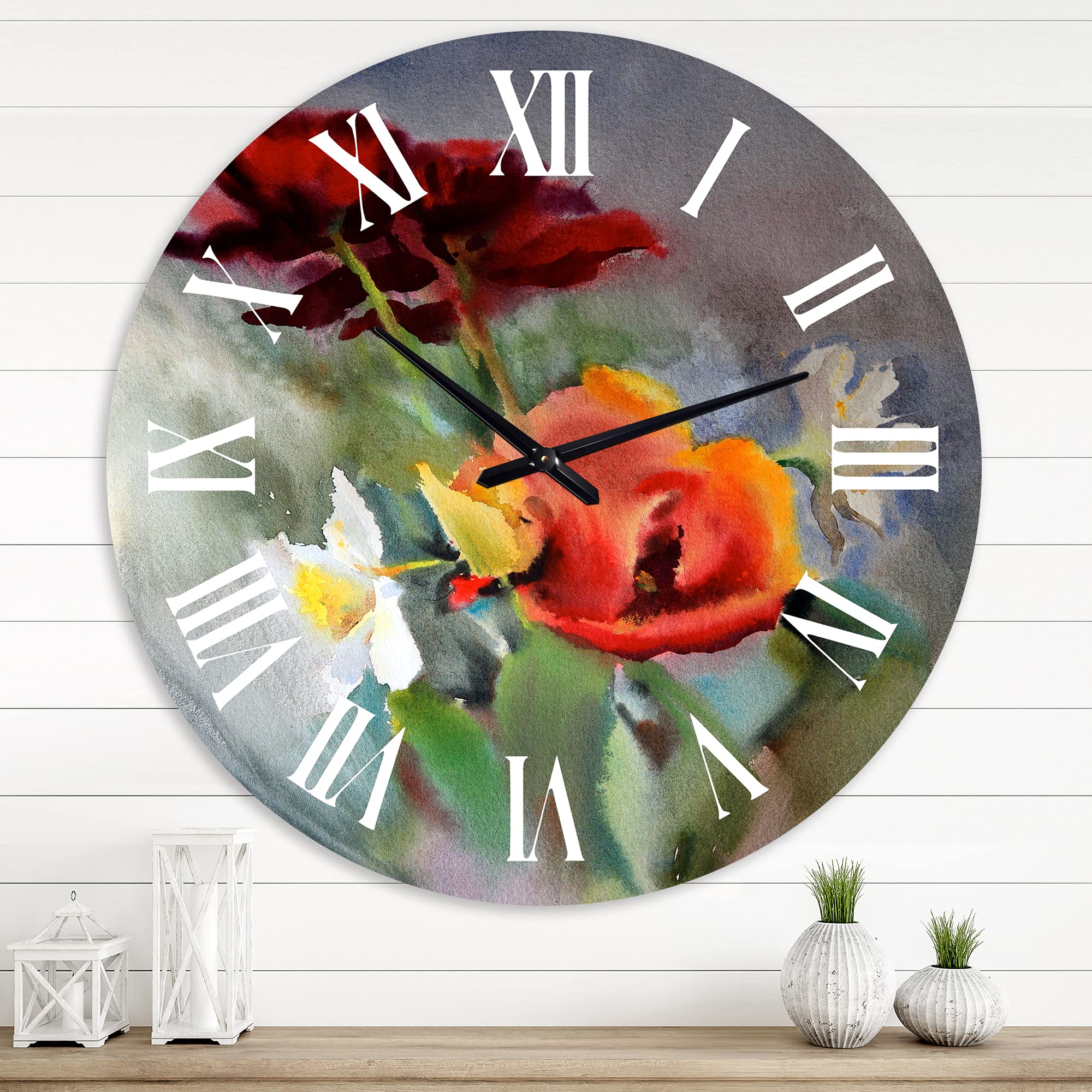 DesignQ Traditional Wall Clock 'Blossoming Vibrant Wildflowers' - Large Floral & Botanical Wall Clock for Home, Office, Living Room Decor - Perfect for Farmhouse, Bedroom, Kitchen, and Workspace