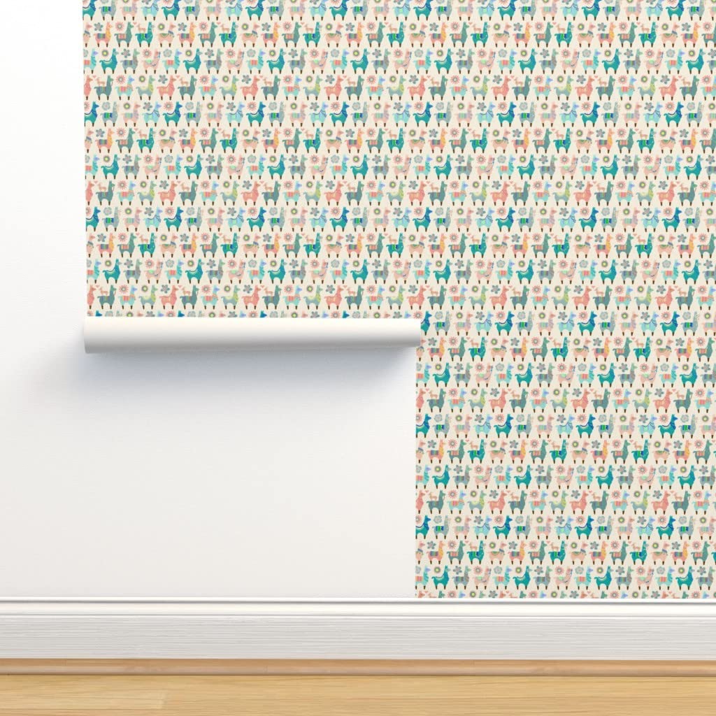 12ft x 2ft Removable Wallpaper - Fun Llama & Alpaca Animal Design for Nursery, Kids Room & Boys Bedroom | Easy Pre-Pasted Peel & Stick Wallpaper by Spoonflower | Perfect for Baby Rooms, Playrooms & Home Decor