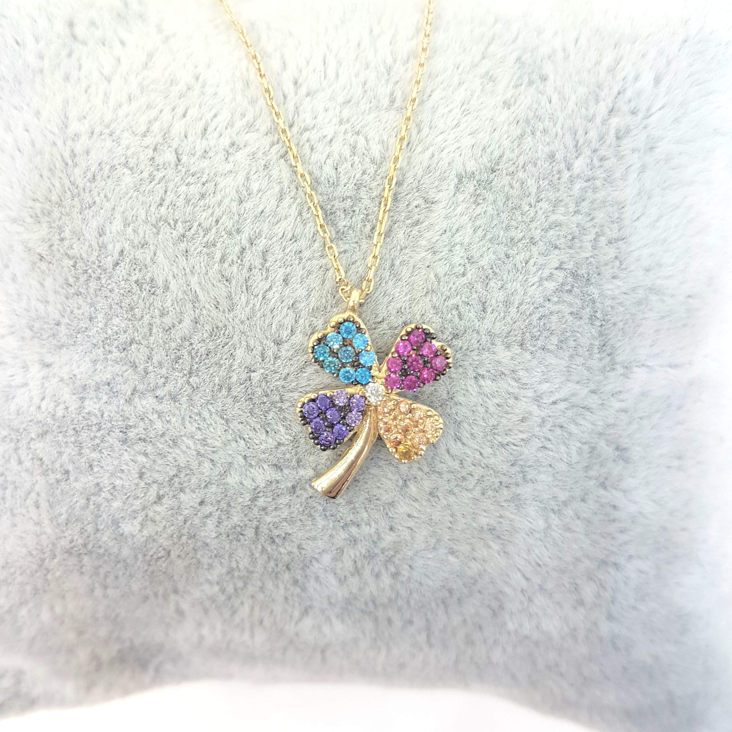 14K Solid Gold Four Leaf Clover Necklace for Women - CZ Multi Color Dainty Pendant Jewelry | Elegant Gift for Mom, Wife, Girlfriend | Perfect for Birthday, Christmas, Anniversary & Everyday Wear