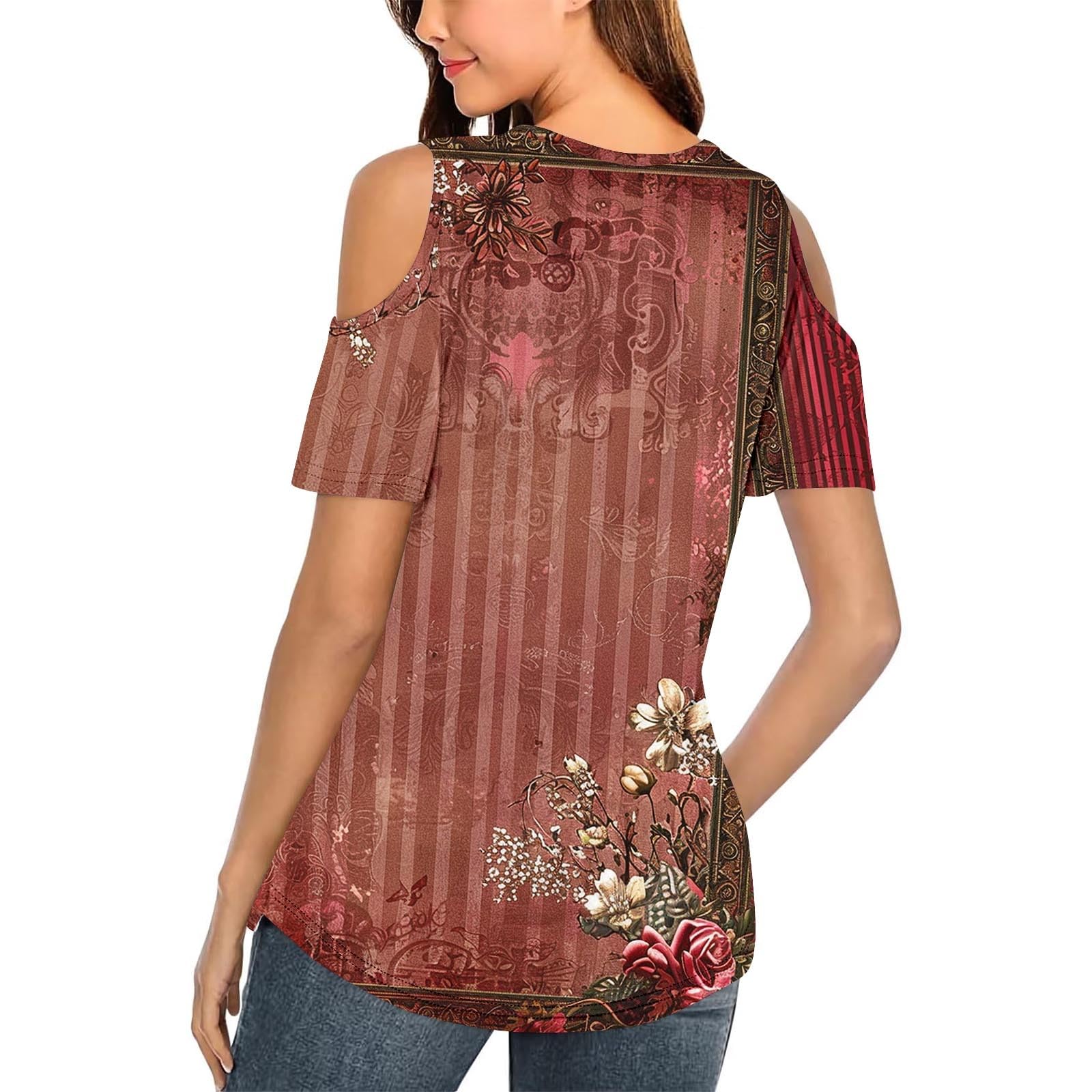 Plus Size Women's Floral Cold Shoulder Blouse - Casual Short Sleeve Tunic Top for Summer | Trendy Sexy Flowy Shirt for Beach, Vacation & Date Nights