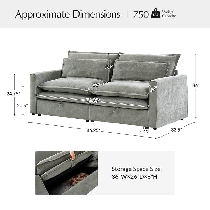 Comfortable Storage Sofa with Dual Layer Cushions & Wide Armrests - Perfect for Living Room, Bedroom, and Small Space Relaxation