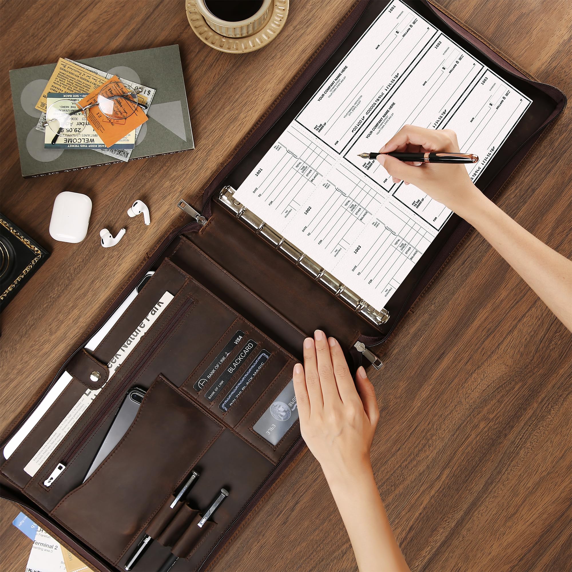 Premium Leather Business Checkbook Binder - 7-Ring Zippered Organizer with Checkbook Holder for 3 Per Page Checks, 600 Checks Capacity for 9x13 Inch Sheets, Dark Khaki - Ideal for Office, Accounting & Financial Management