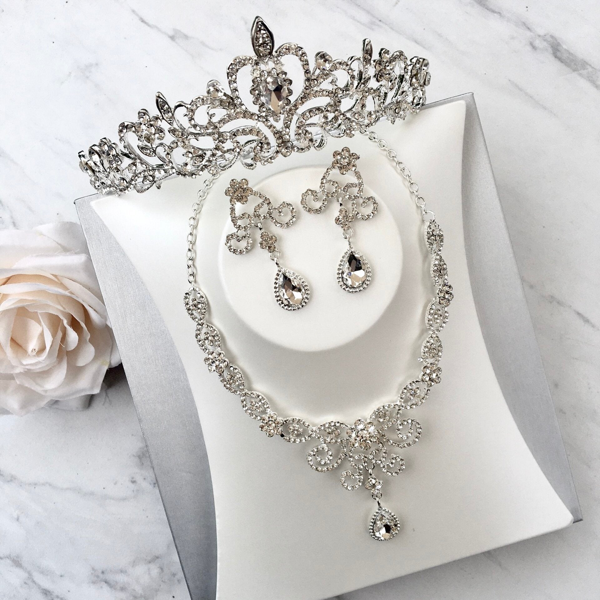 Alyona Sterling Silver Cubic Zirconia 3-Piece Bridal Jewelry Set with Tiara - Perfect for Weddings, Prom & Formal Events
