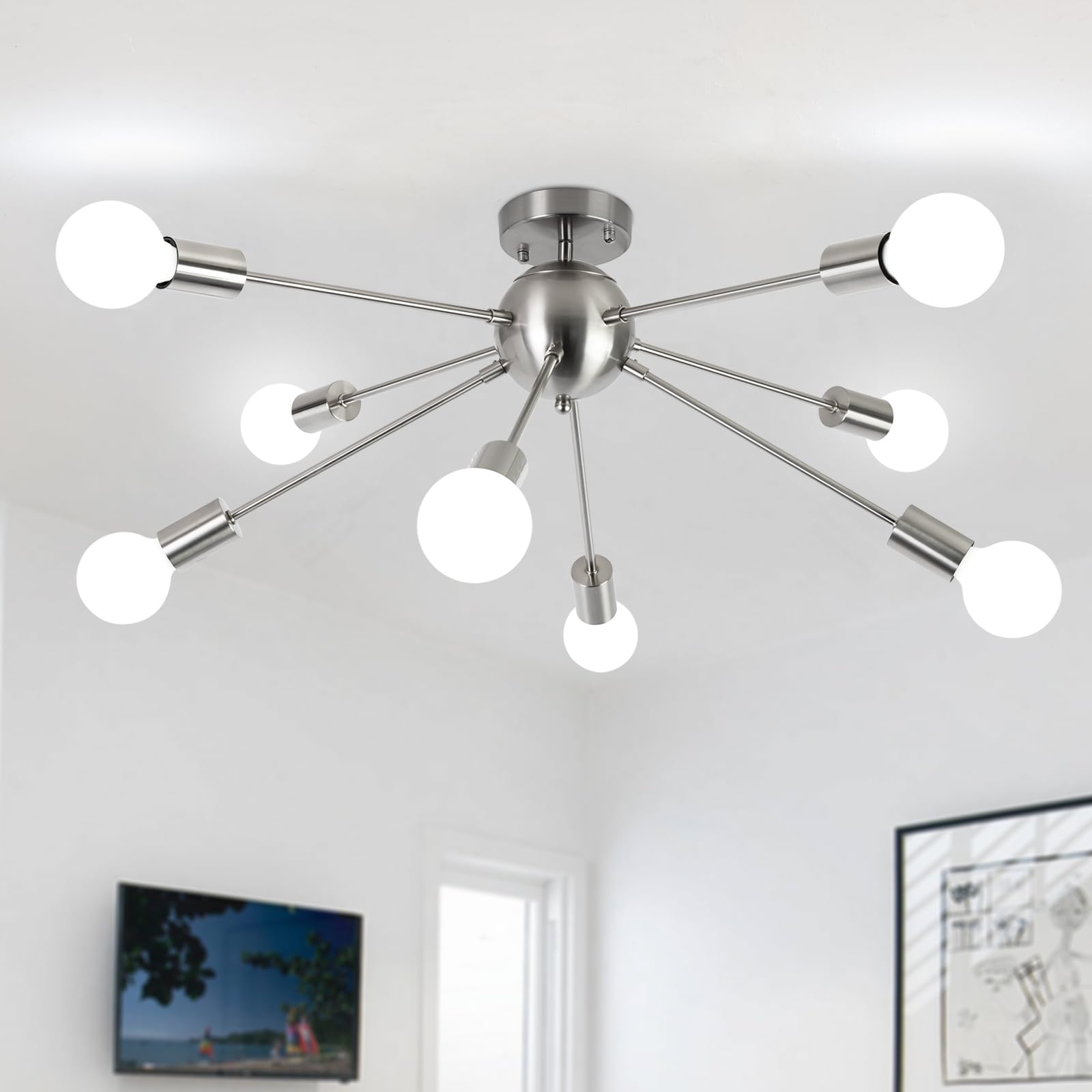 ASHUAQI 8-Light Sputnik Ceiling Fixture - Modern Chrome Semi-Flush Mount Industrial Chandelier with E27 Sockets for Living Room, Bedroom, Kitchen, Dining Room, Hallway & Lounge | Perfect for Contemporary Home Decor & Industrial Style Lighting