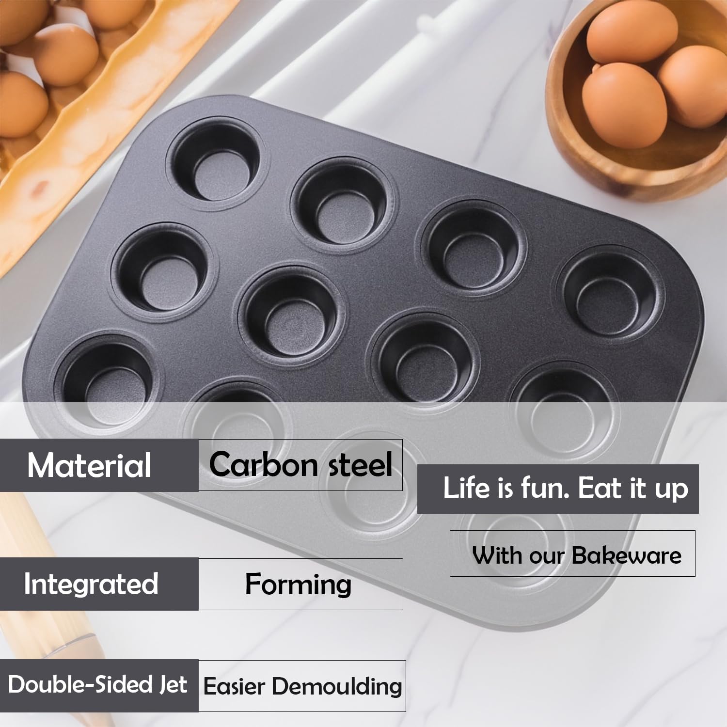 Non-Stick 12-Cup Muffin Pan for Baking Cupcakes, Cakes & Muffins | Premium Carbon Steel Cupcake Tray | Perfect for Home Baking, Parties & Gifts (Black)