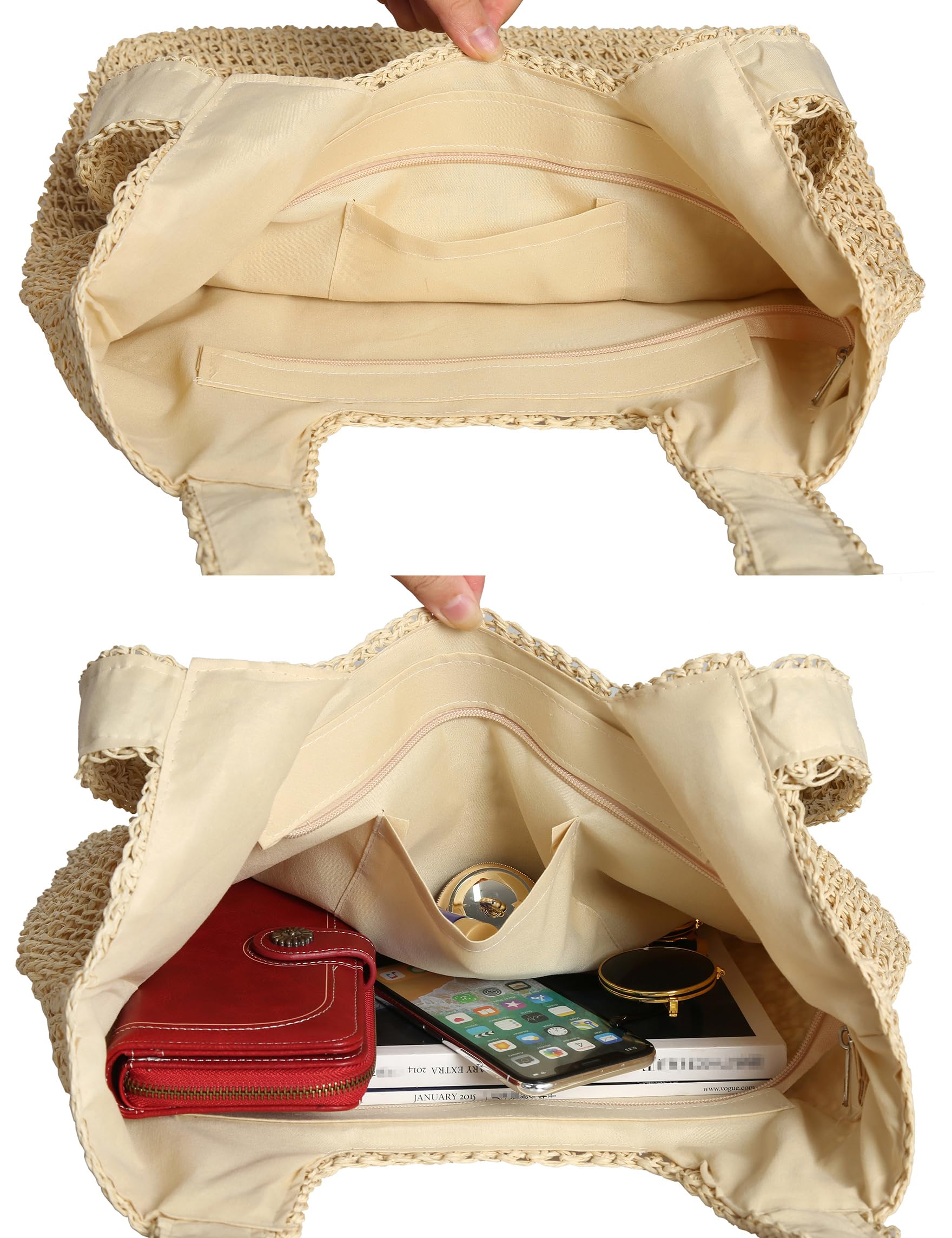 Women's Woven Straw Beach Tote Bag - Large Capacity Summer Shoulder Bag for Vacation, Travel & Shopping - Natural Beige