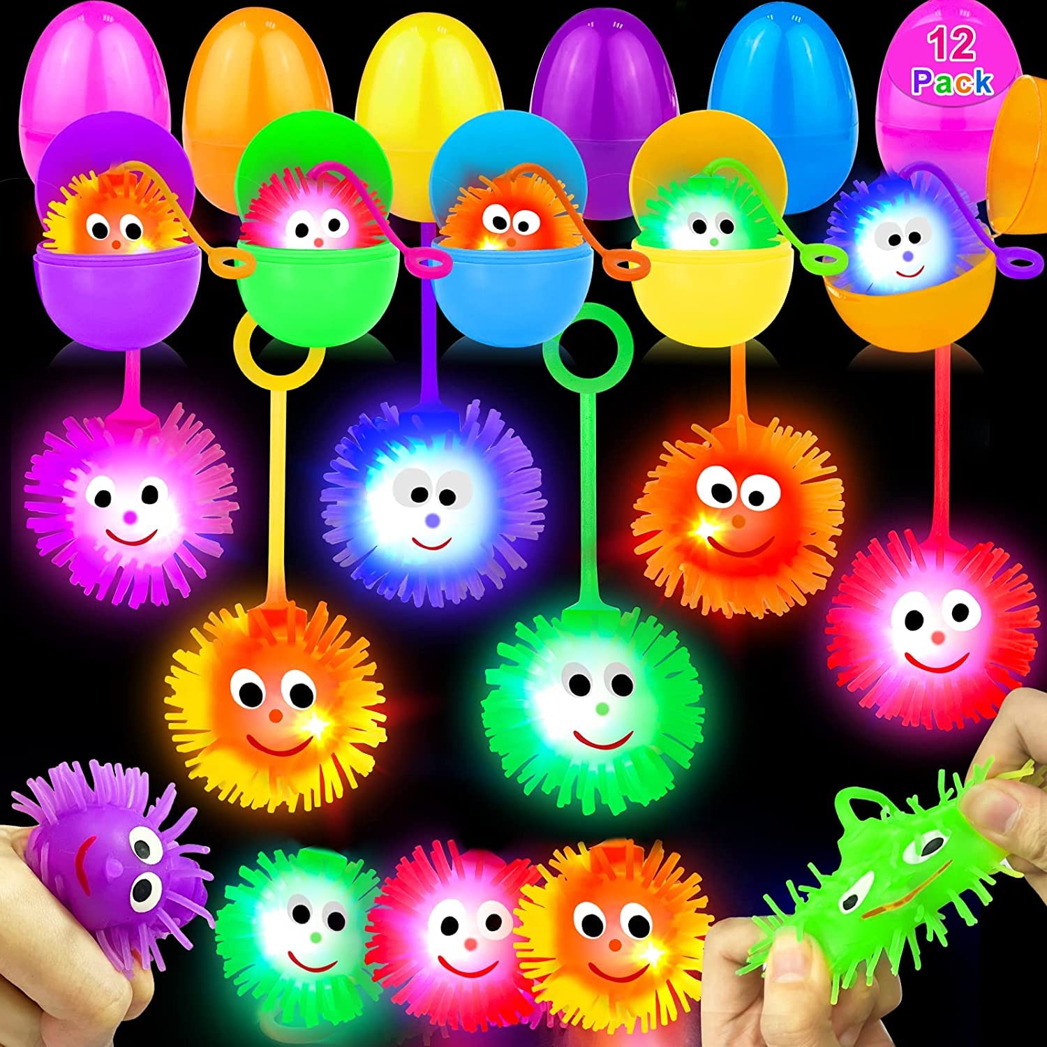 AMENON 12 Pack Prefilled Easter Eggs with Fidget Toys - Light Up Puffer Balls, Squeeze Sensory Stress Relief Toys for Kids - Plastic Surprise Easter Hunt Fillers & Basket Stuffers - Perfect for Easter Parties, Classroom Rewards & Sensory Play