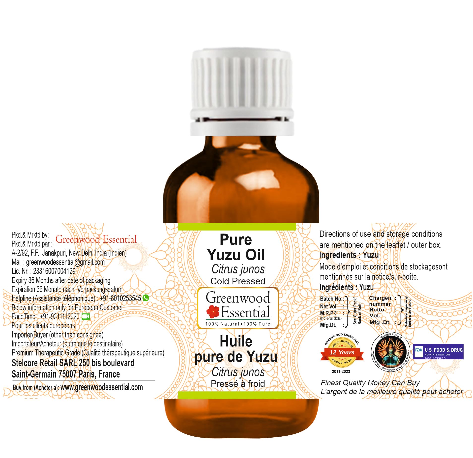 Pure Cold-Pressed Yuzu Essential Oil (Citrus junos) 50ml - 100% Natural for Aromatherapy, Skincare & Hair Care