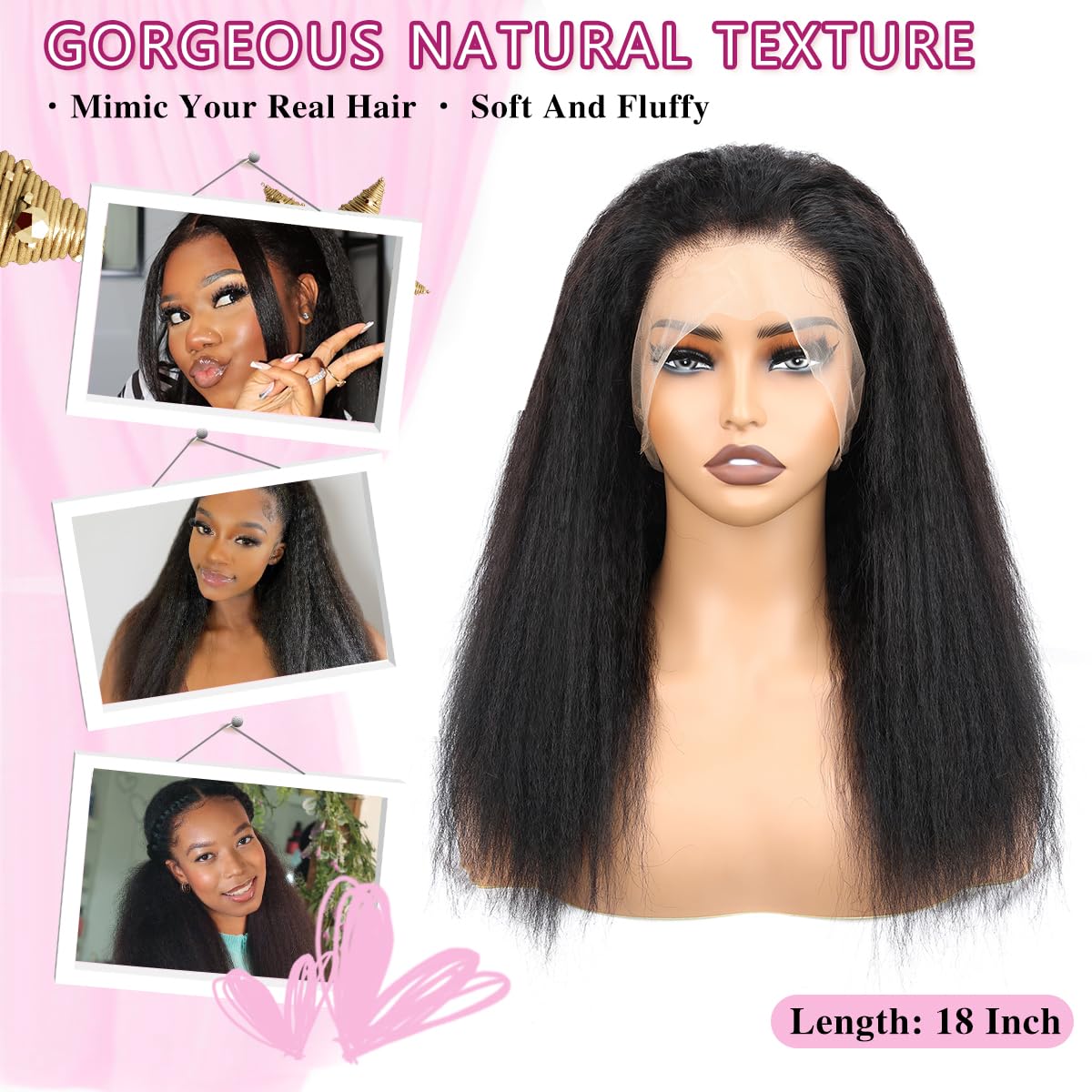 360 Lace Front Wigs Human Hair - 16 Inch Kinky Straight 360 Frontal Wigs for Black Women | 180% Density Yaki Straight Full Lace Wig with Baby Hair | Natural Color | Perfect for Daily Wear, Parties & Special Occasions
