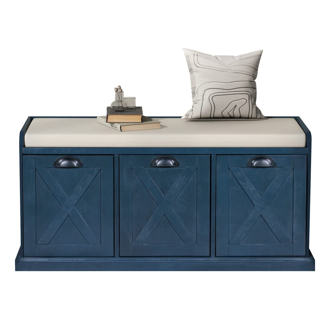Rustic Storage Bench with 3 Drawers - Shoe Cabinet for Entryway & Living Room - Blue