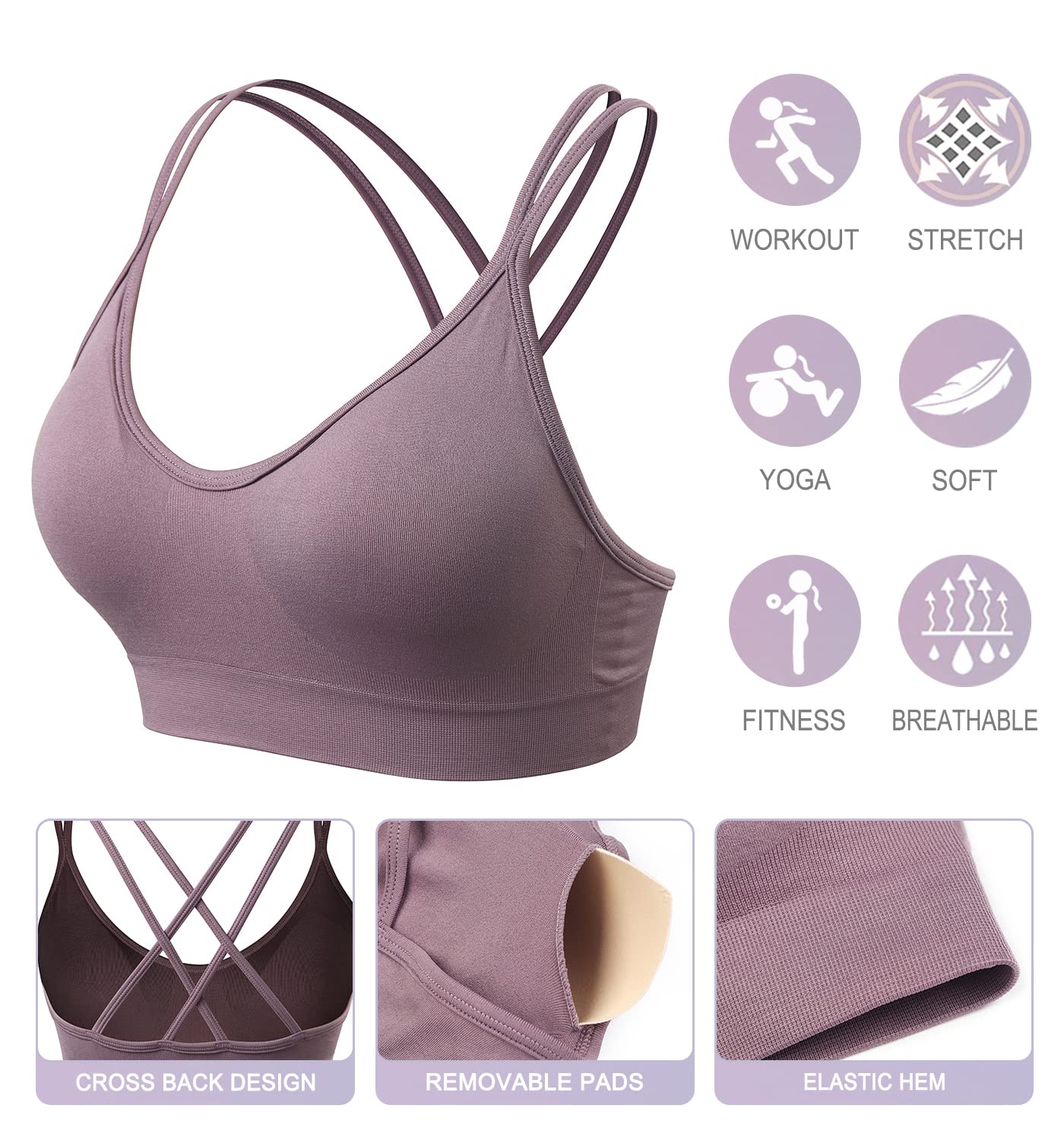 VEQKING Women's Cross Back Sports Bra - Padded Medium Support Yoga Bras for Workout & Fitness (3 Pack) | Gym, Running, Yoga & Activewear