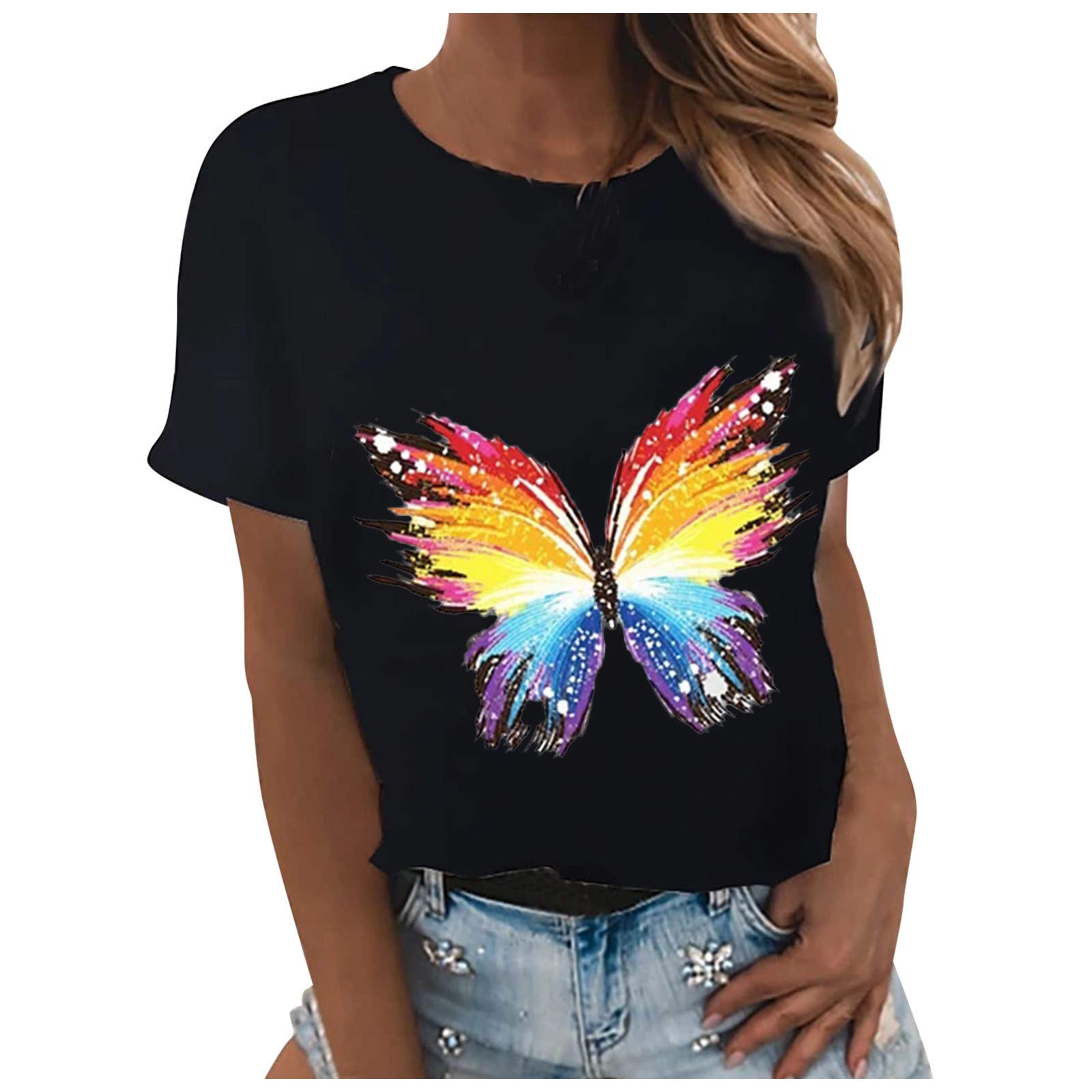 Women's Soft Butterfly Loose Scoop Neck T-Shirt - Summer Casual Short Sleeve Polyester Tunic Top for Going Out | Perfect for Beach, Shopping & Daily Wear