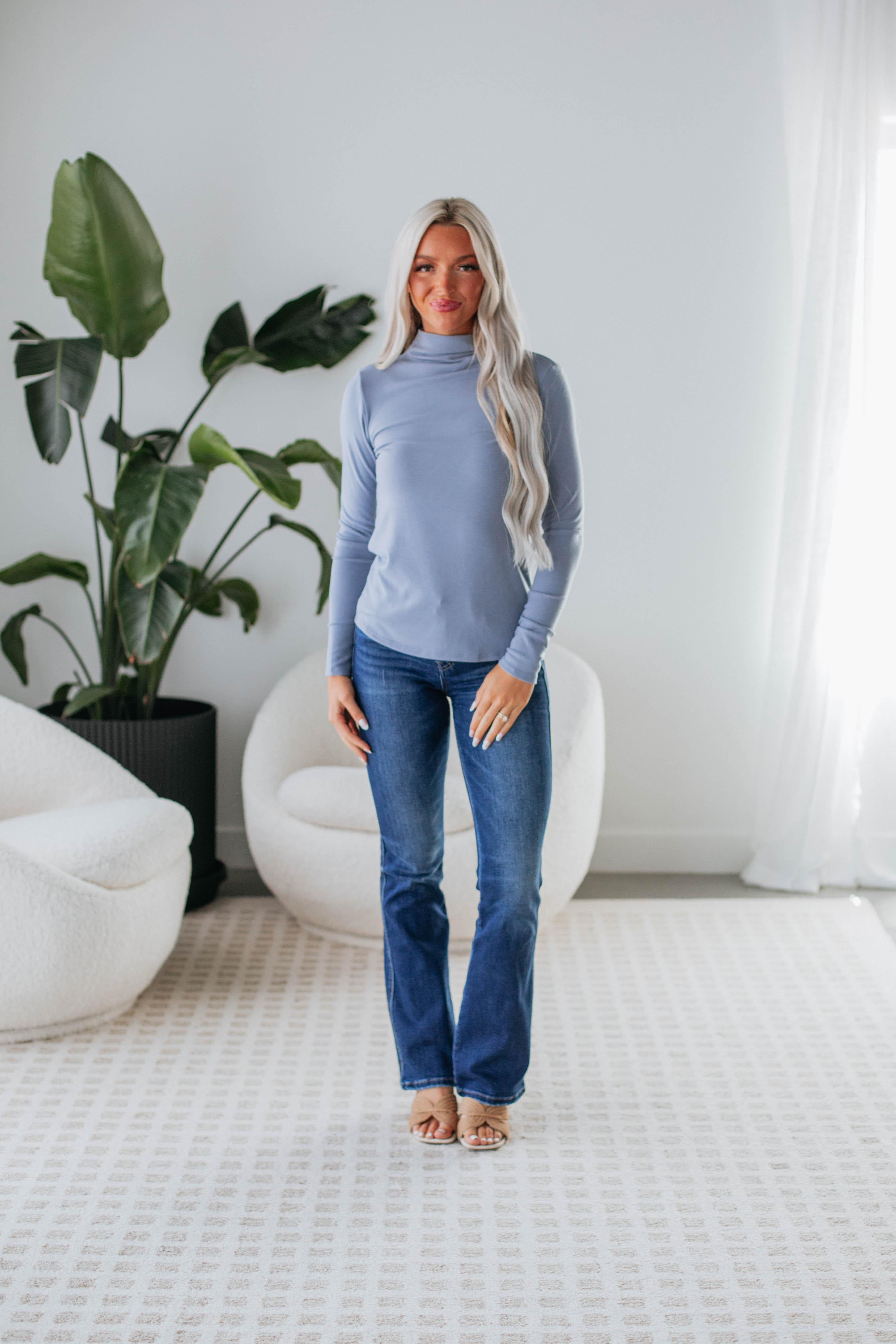 Vintage Blue Cene Mock Neck Top - Stylish Women's Casual Shirt for Everyday Wear, Office & Date Night Outfits
