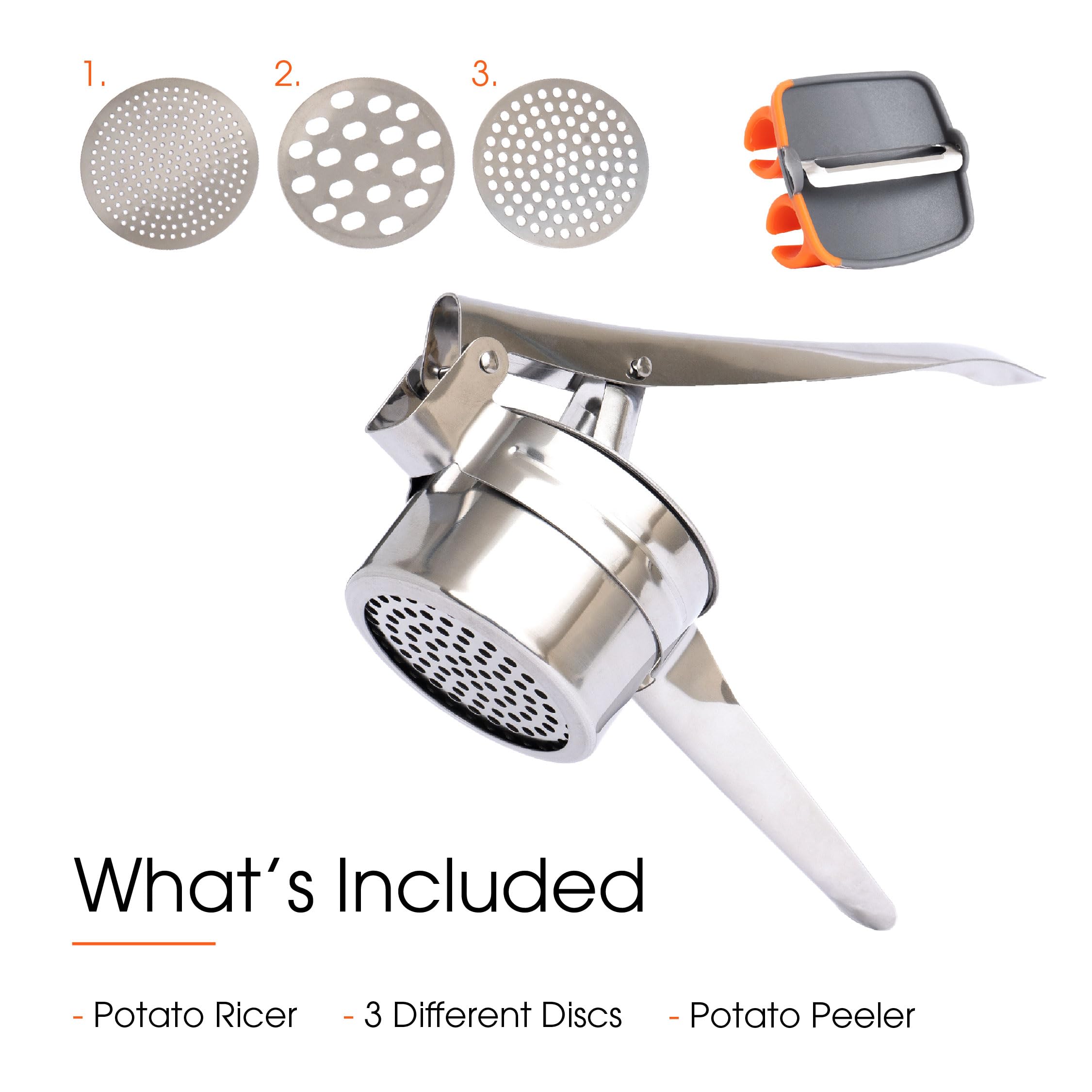 Premium Potato Ricer with Stainless Steel Peeler & 3 Interchangeable Discs - 15 oz Heavy Duty Potato Masher for Perfect Mashed Potatoes | Ideal for Home Kitchens, Restaurants & Meal Prep | Durable Kitchen Gadget by Savver
