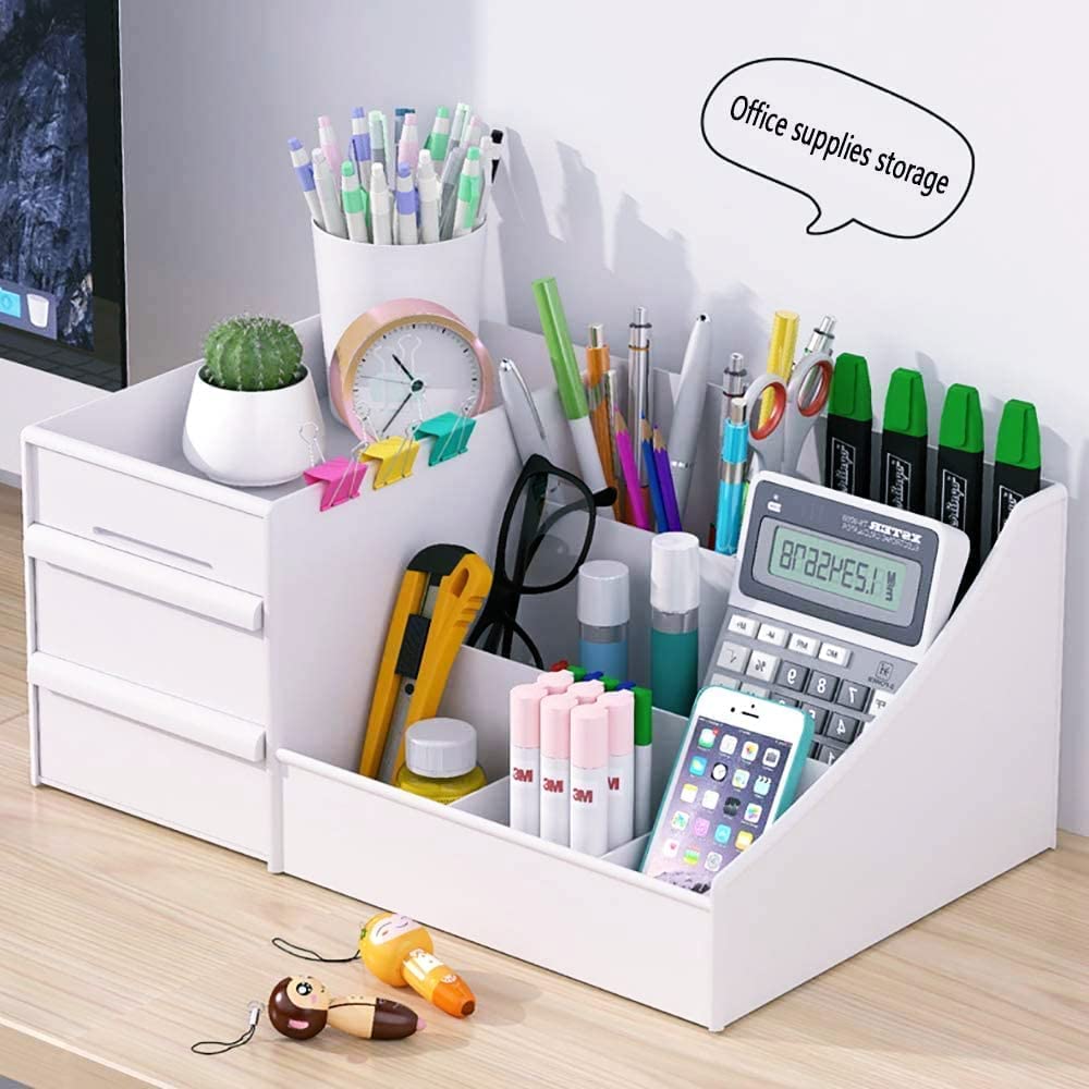 Premium Makeup Organizer with Drawers - White Cosmetic & Jewelry Storage for Vanity, Brushes, Lipstick, Eyeshadow | Countertop Desk Organizer for Bathroom, Bedroom & Dressing Table (White)
