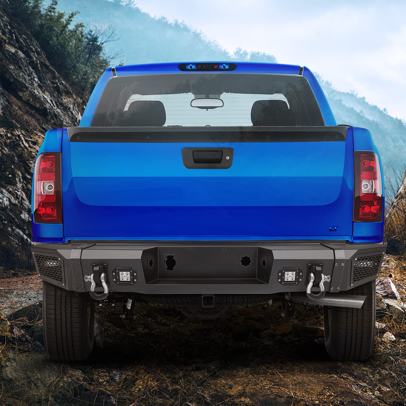 ECCPP Textured Black Rear Bumper with D-Ring & LED Lights Compatible with 2007-2013 Chevrolet Silverado 1500 & GMC Sierra 1500 Pickup Trucks - Off-Road Protection & Enhanced Style