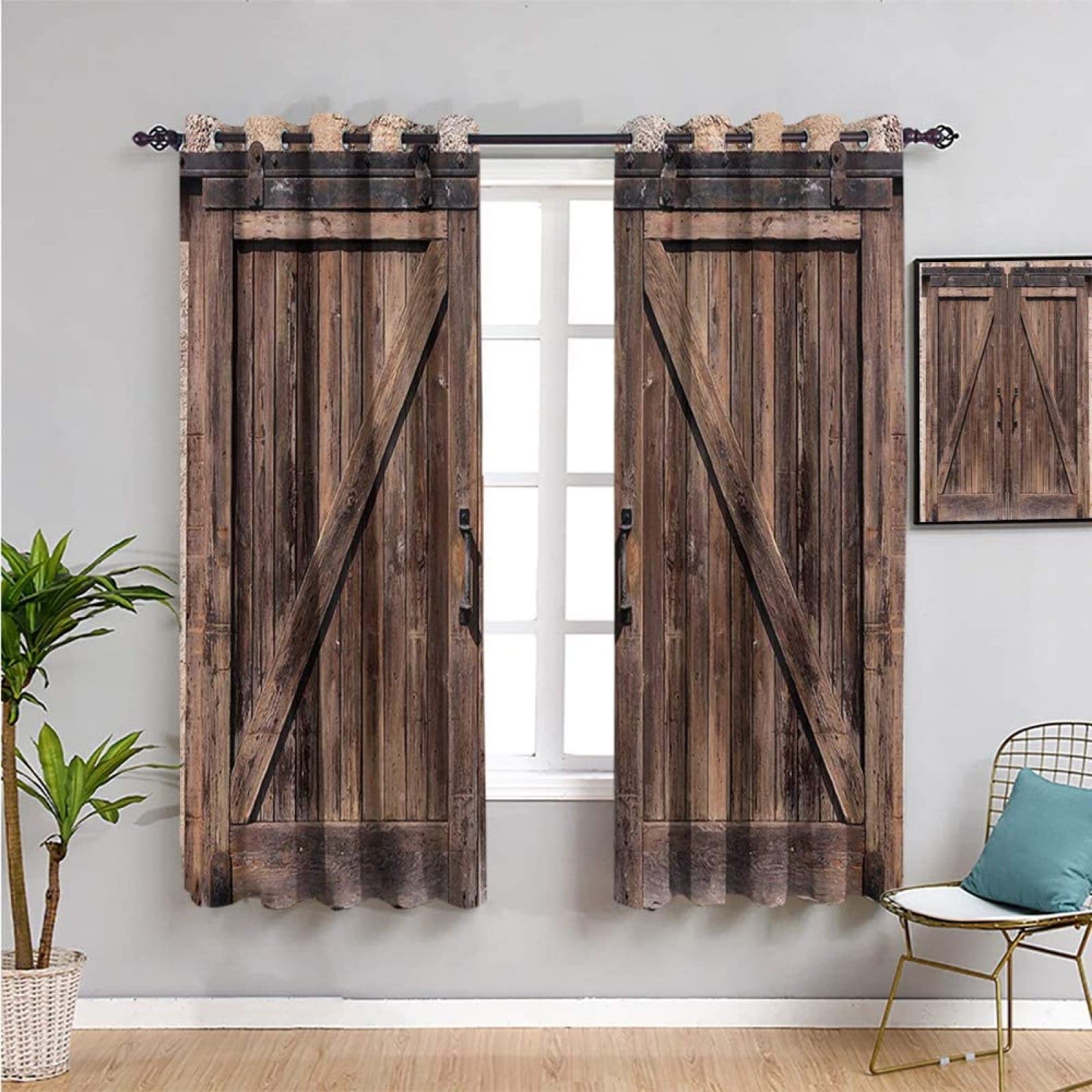 Vintage 3D Printed Wooden Barn Door Stone Farmhouse Window Curtains - 2 Panels Blackout Drapes with Top Grommet, 54