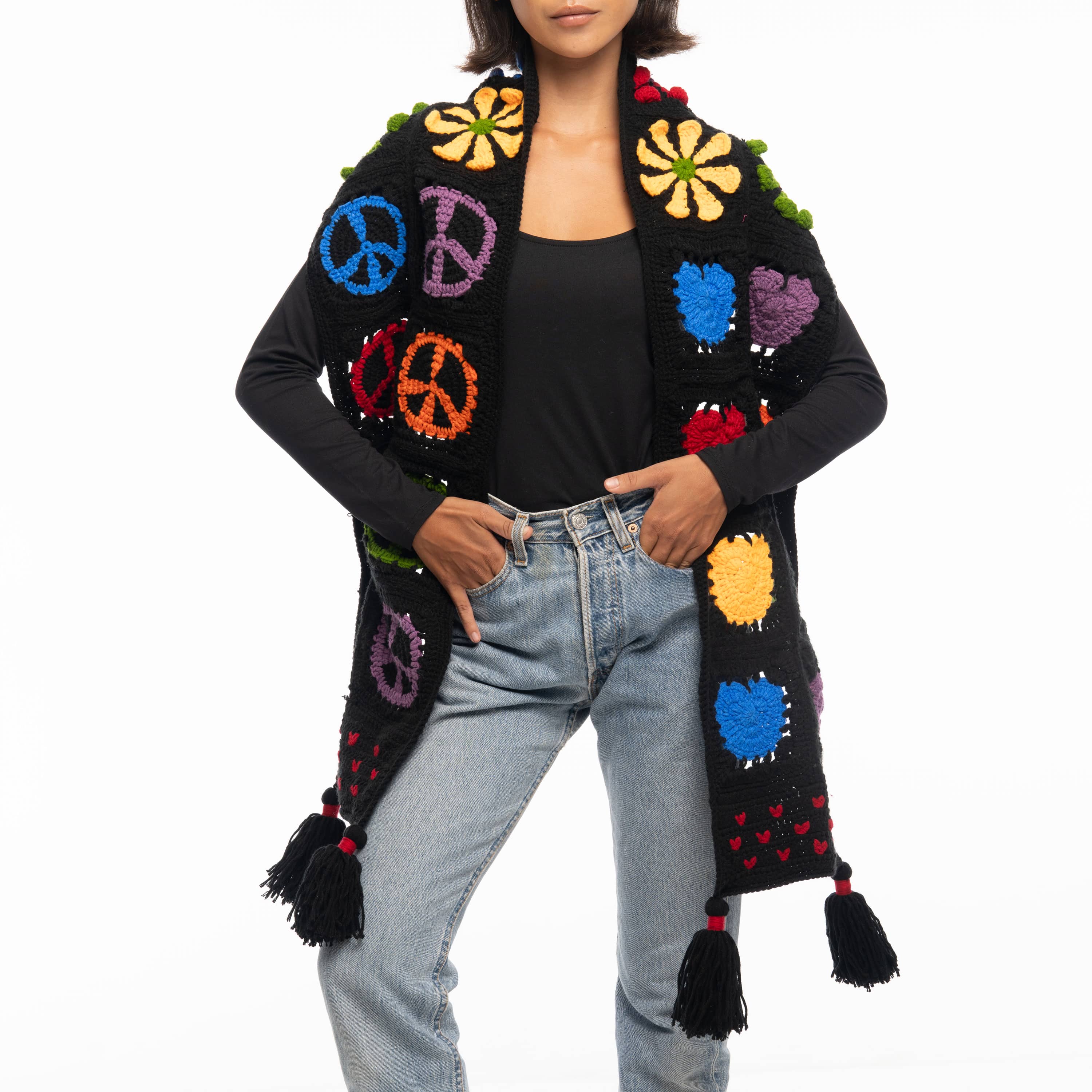 Hand Crochet Black Peace and Love Cozy Scarf - Warm Winter Fashion Accessory for Women & Men - Perfect for Cold Weather, Outdoor Activities, and Gift Giving