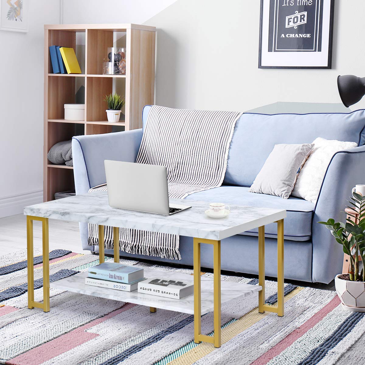 Giantex Modern 2-Tier Rectangular Coffee Table with Faux Marble Top & Gold Metal Frame - Accent Center Table for Living Room, Bedroom, Lounge - Perfect for Entertaining Guests or Relaxing with Coffee