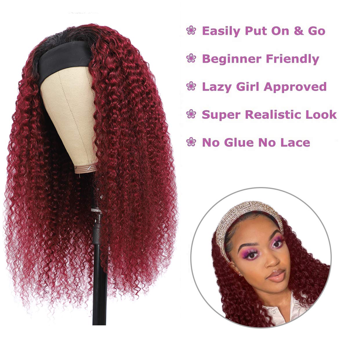 Ombre Dark Red 100% Human Hair Wigs for Black Women - Burgundy Curly Headband Wig (24'', 1B/Burgundy) | No Lace Front | Unprocessed Natural Hair | Perfect for Parties, Weddings & Daily Styling