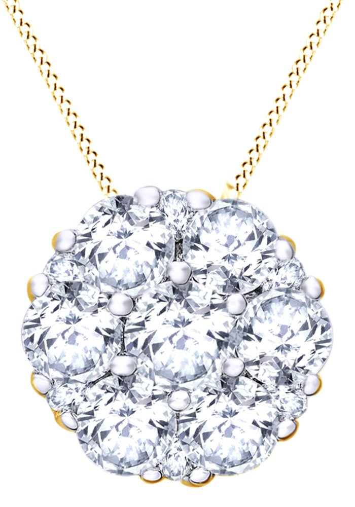 14K Solid Gold Round Cut White Diamond Floral Cluster Pendant Necklace for Women - Elegant Gift for Anniversary, Wedding & Special Occasions
