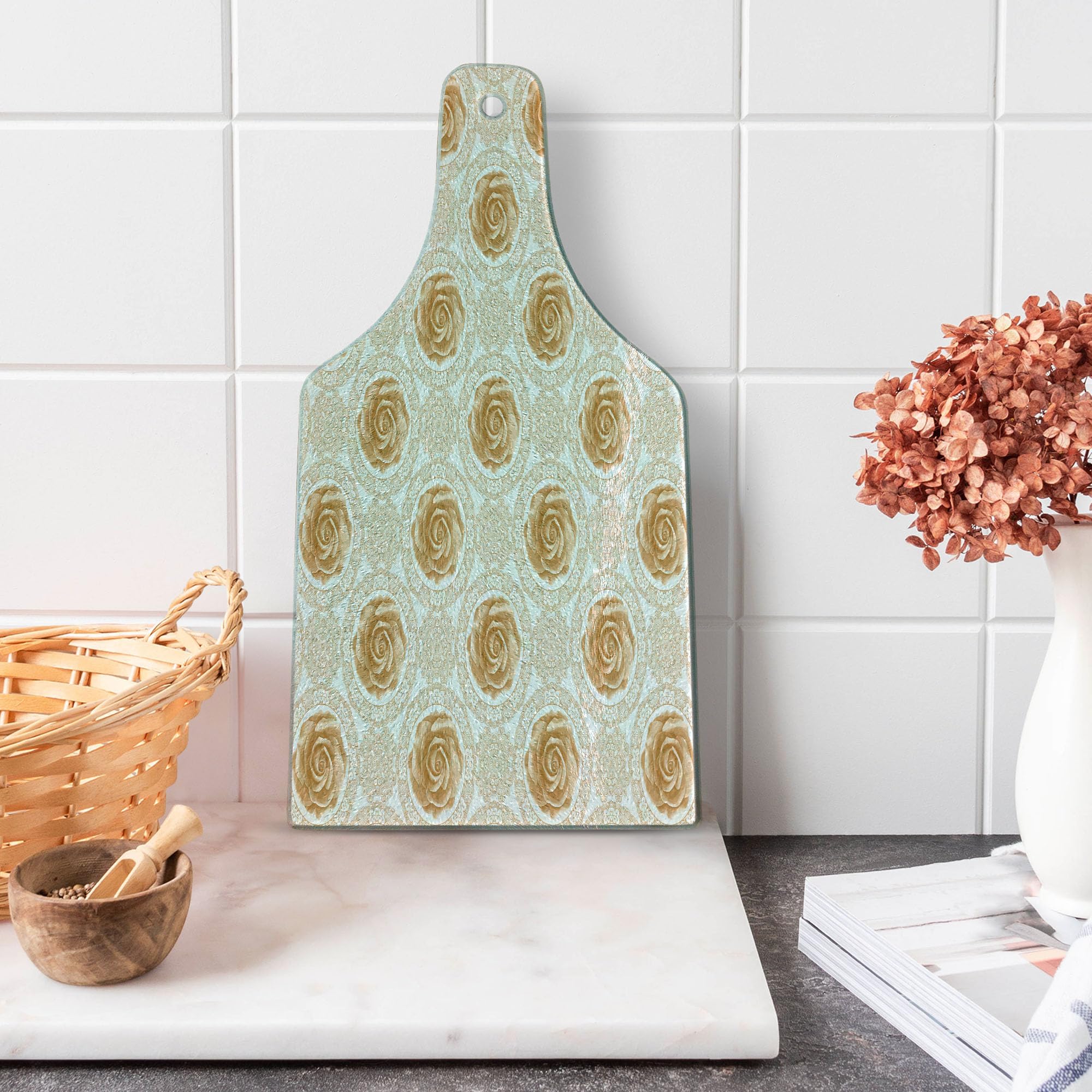 Vintage Rose Pattern Tempered Glass Cutting Board - Baroque Inspired Floral Design for Kitchen & Serving - Wine Bottle Shape Decorative Board for Cheese, Charcuterie & Entertaining - Pale Brown White
