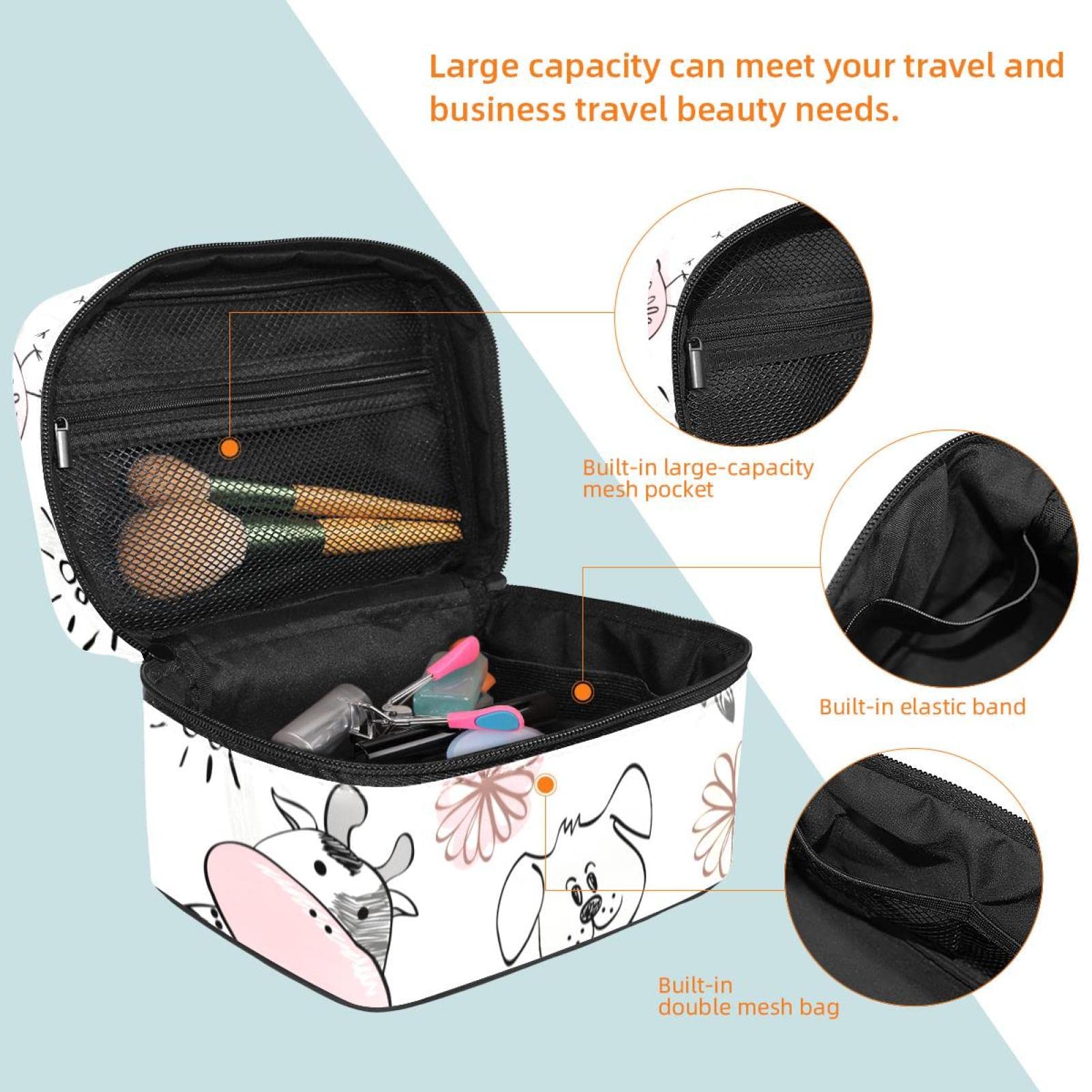 Cute Cartoon Animal Makeup Bag for Women - Large Travel Cosmetic & Toiletry Organizer with Brush Holder - Perfect for Girls' Travel, Gym, School & Daily Use (Cow, Cat, Horse, Dog Designs)