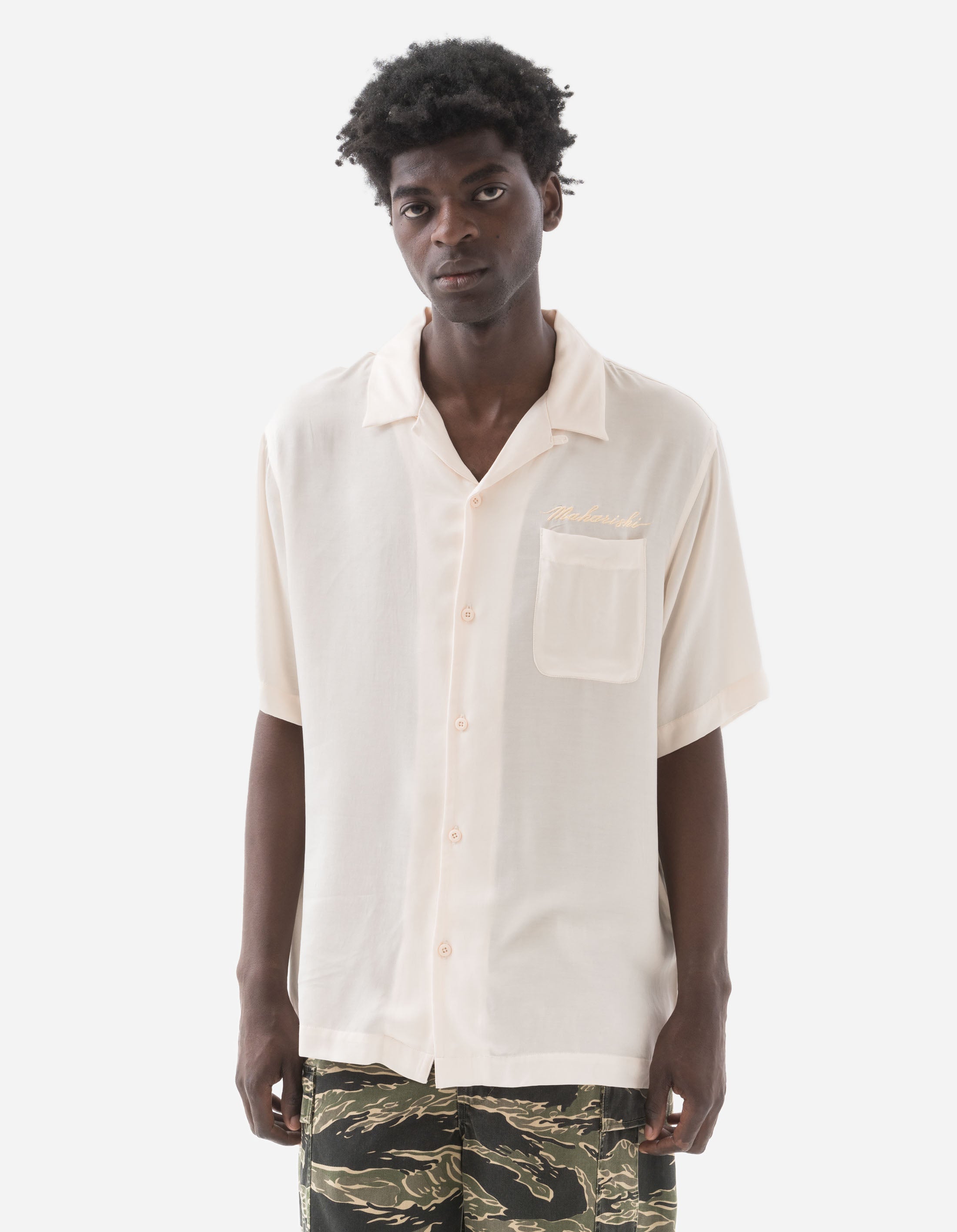 6098 Tiger Dragon Print Camp Collar Shirt in Ecru - Stylish Summer Casual Wear for Men, Perfect for Beach Outings and Street Fashion