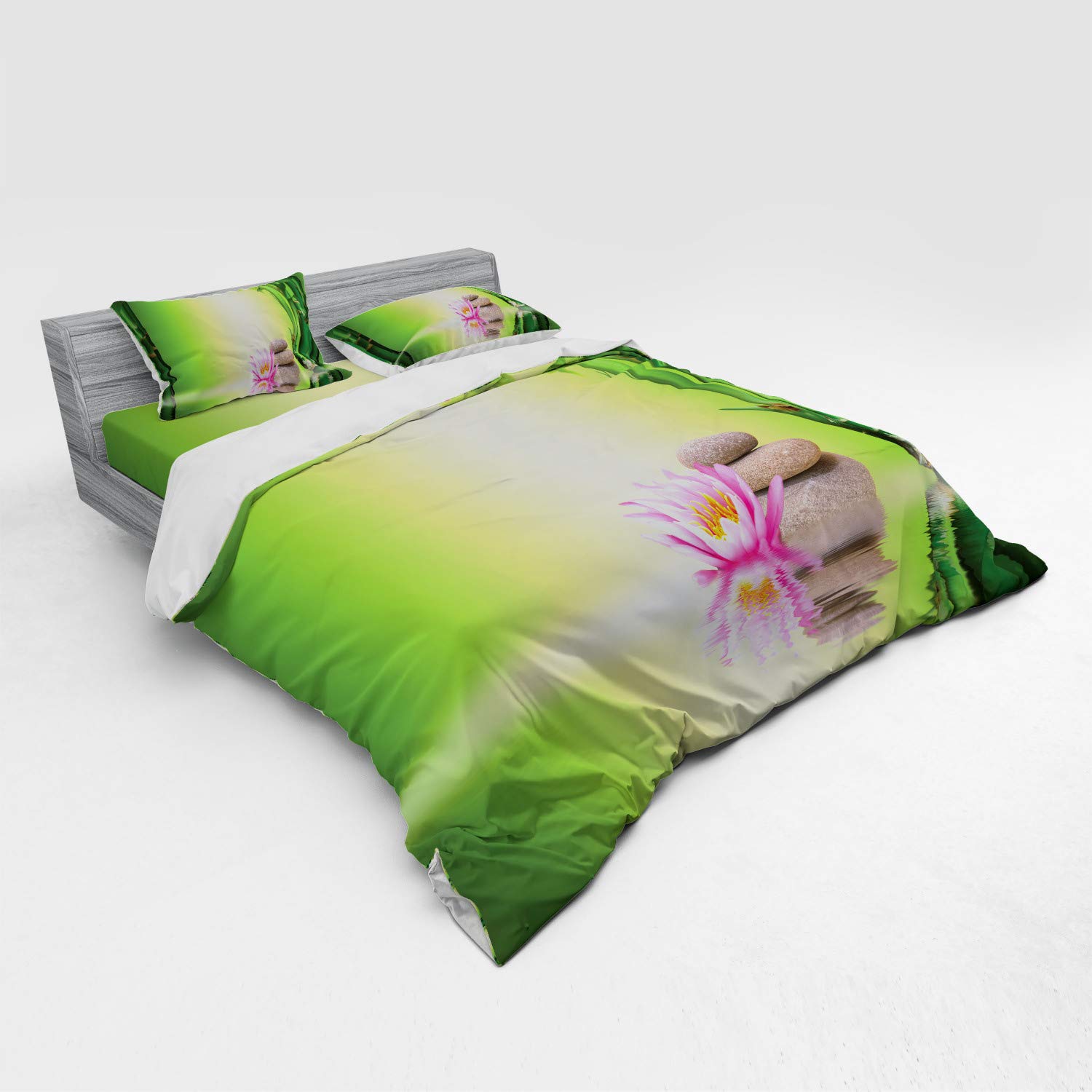 Ambesonne 4-Piece King Size Duvet Cover Set - Garden Self-Care Mindfulness Print, Green & Pink Floral Bedding with Shams & Fitted Sheet | Perfect for Spa-Like Relaxation & Mindful Living in Master Bedrooms