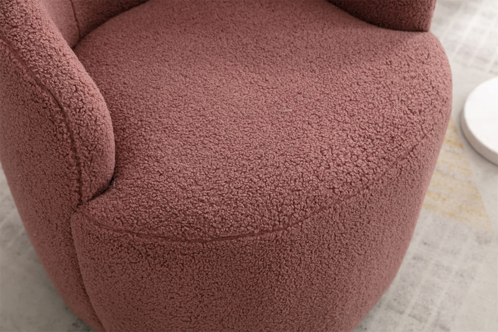 JINS&VICO Modern Swivel Barrel Chair - Teddy Fabric Upholstered Accent Armchair with 360° Metal Swivel Base, Round Single Leisure Sofa Chair for Living Room, Bedroom & Office - Dark Red - Perfect for Reading Nooks, Coffee Shops and Cozy Home Decor