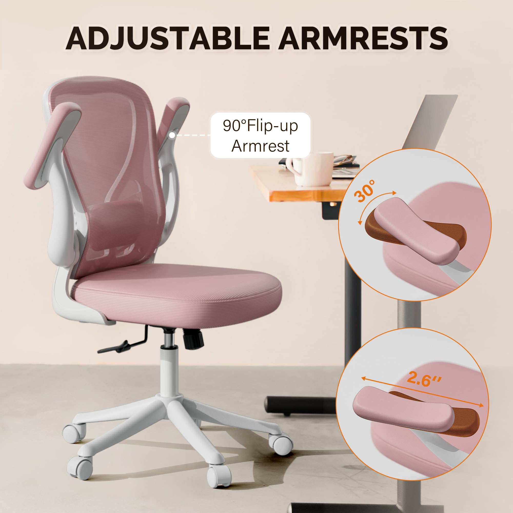 Ergonomic Mesh Office Chair with Wheels & Flip-Up Arms - Adjustable Lumbar Support, Swivel & Height Adjustable - Comfortable Pink Computer Desk Chair for Home Office, Gaming & Workspace