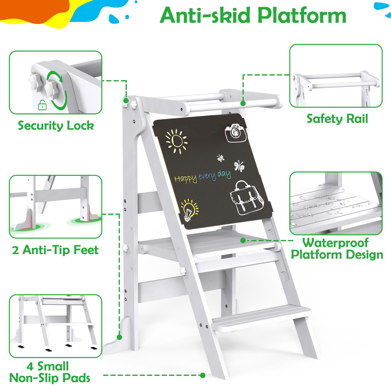 Foldable Toddler Tower with 3 Adjustable Heights & Double-Sided Drawing Board - Montessori Kitchen Step Stool with Safety Rail - Learning Stool for Kids - Standing Helper for Counter, Bathroom Sink (White) - Perfect for Cooking, Bathing & Creative Play