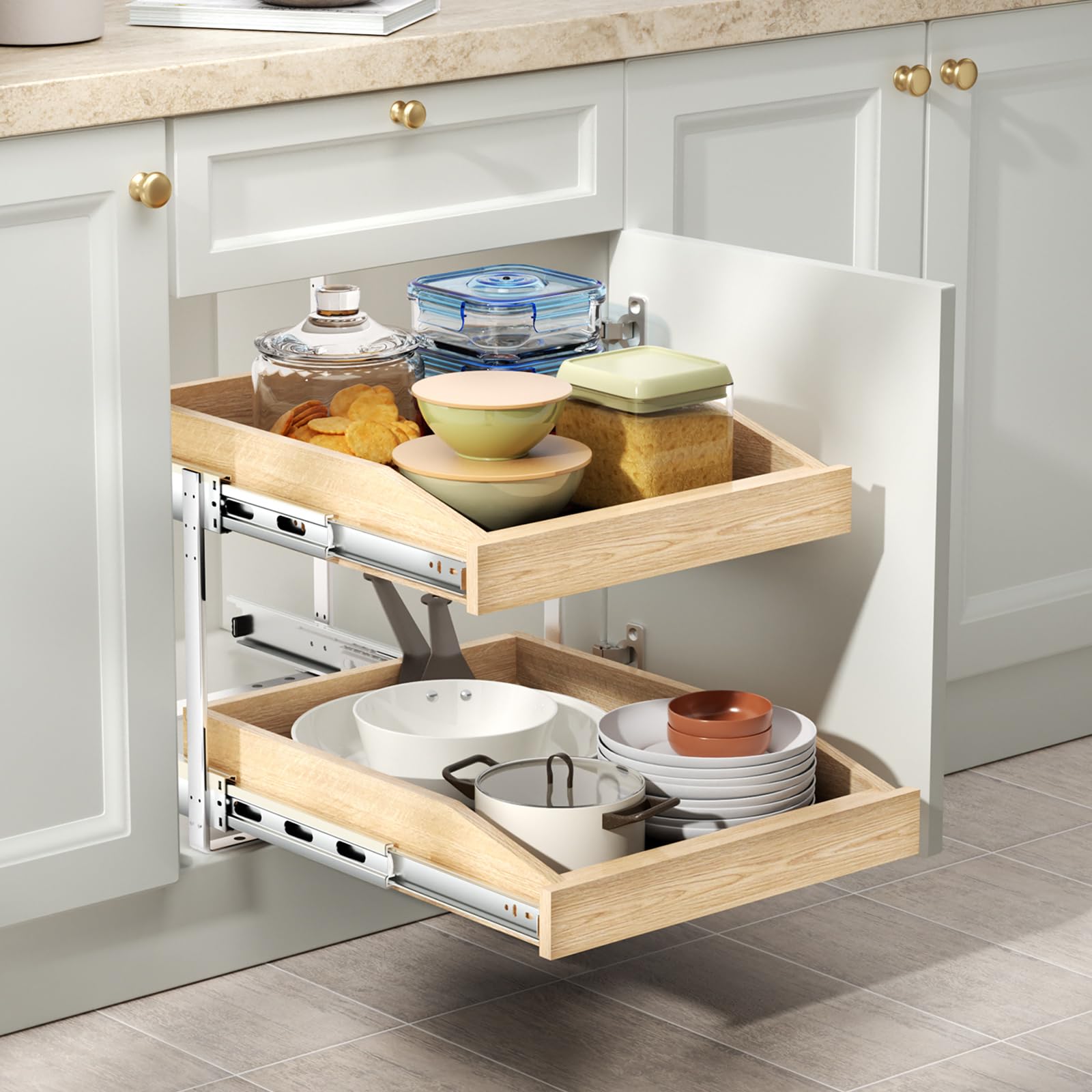 ROOMTEC 2-Tier Pull Out Cabinet Organizer - Double Layer Slide Out Wooden Kitchen Cabinet Organizer with U-Bracket - Under Sink & Pantry Storage Solution (16.5