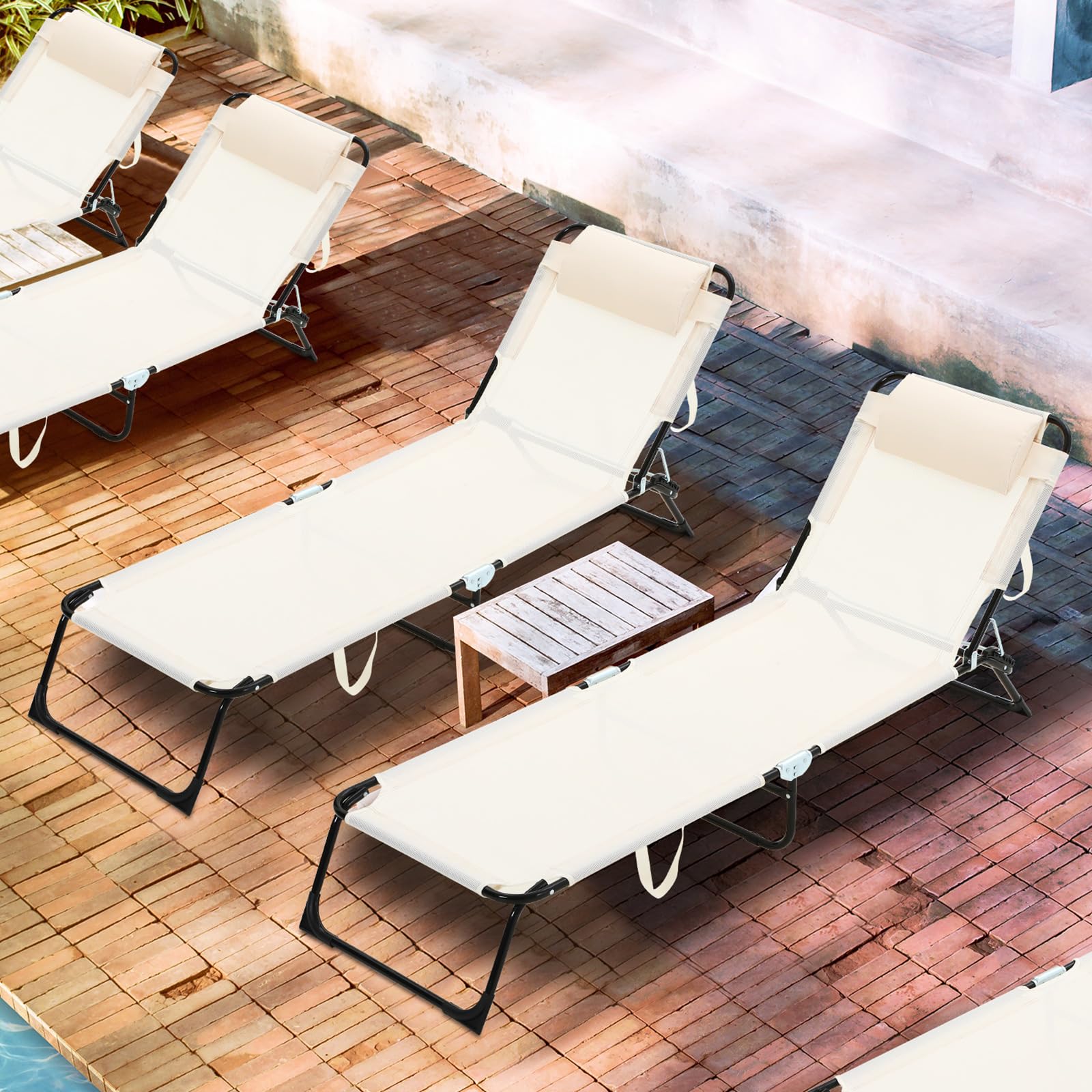 Suzile 2 Pack Folding Chaise Lounge Chairs - Adjustable Outdoor Reclining Beach Chair with 5-Position Backrest, Detachable Pillow & Breathable Mesh - Perfect for Poolside, Backyard, Camping & Sunbathing (Beige)