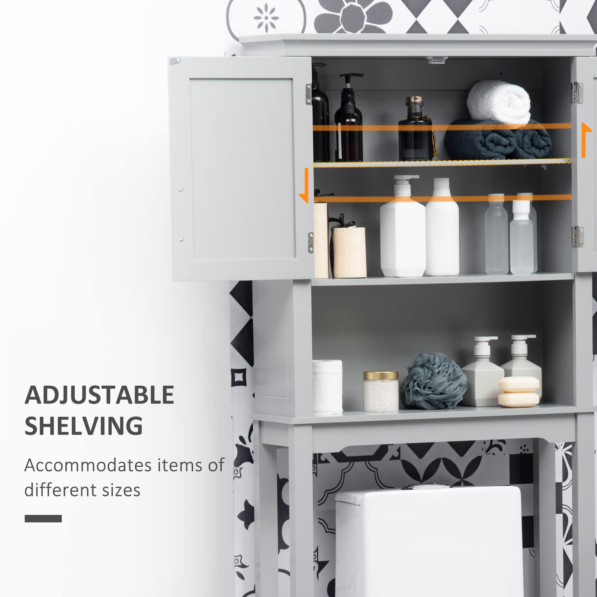 Kleankin Modern Over The Toilet Storage Cabinet - Double Door Bathroom Organizer with Adjustable Shelves, Open Shelf Space, Grey - Perfect for Small Bathroom Organization & Extra Storage