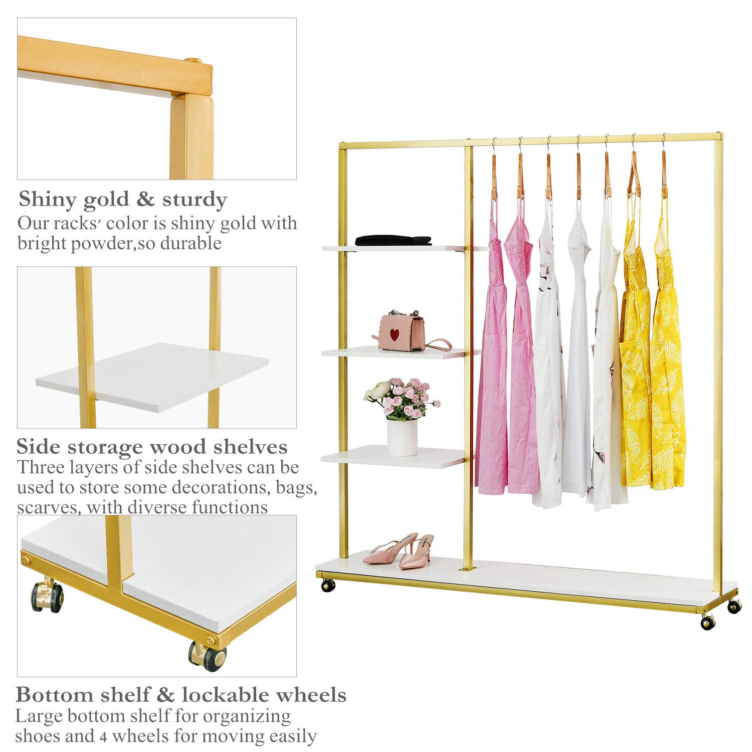 BOSURU 4-Tier Wood Shelf Gold Clothing Rack - Freestanding Modern Garment Display Stand with Wheels for Boutique & Retail Stores | Perfect for Home Closet Organization, Bedroom Storage & Commercial Apparel Displays