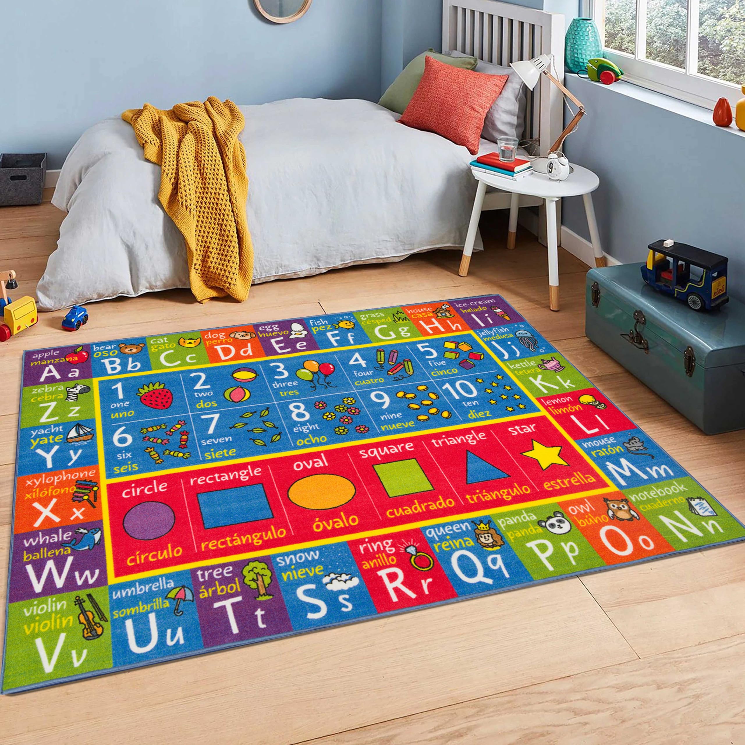 KC Cubs ABC Alphabet, Seasons, Days & Spanish Bilingual Educational Rug - Kids Learning Play Mat for Bedroom, Classroom & Playroom - Perfect for Toddler Activities & Early Childhood Education