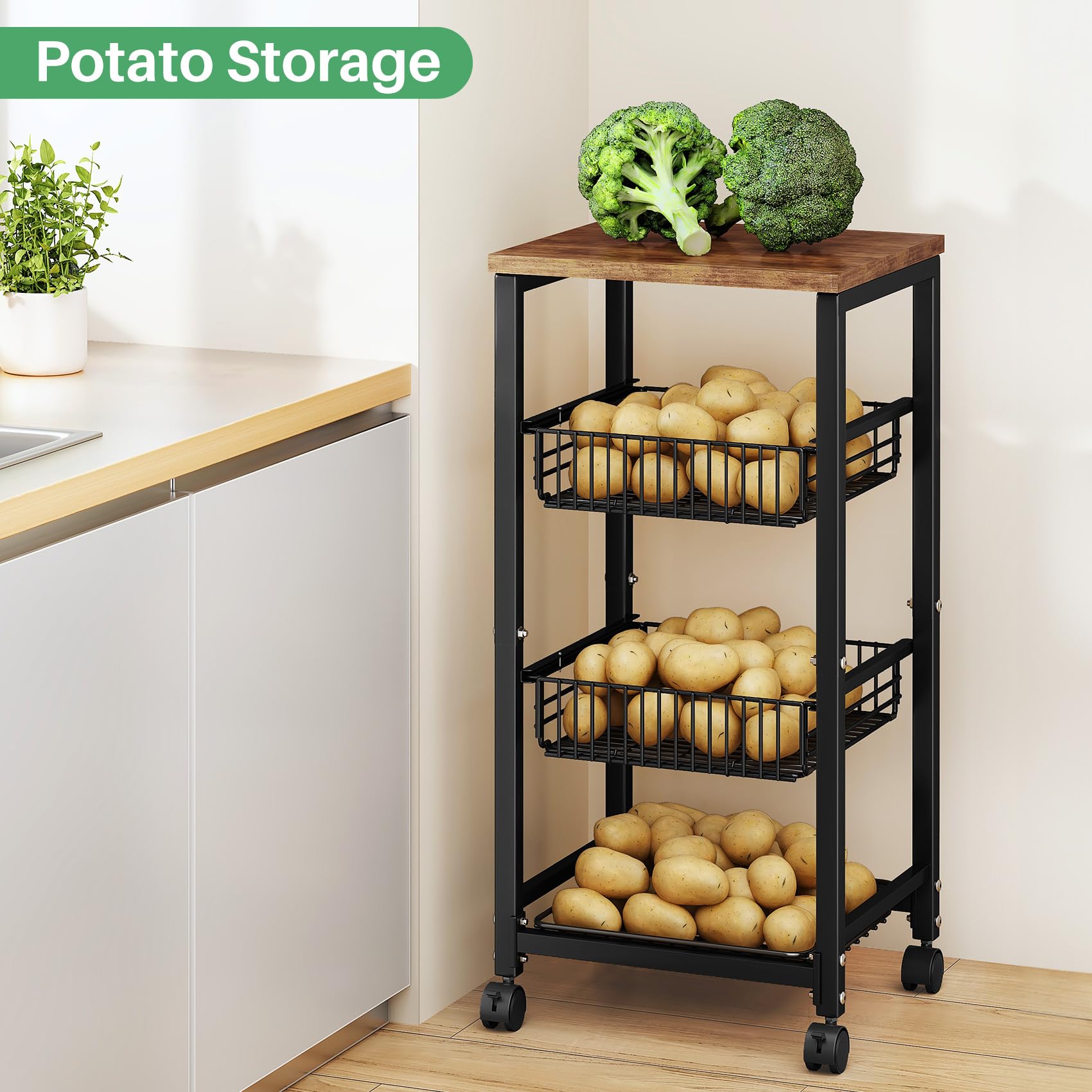 SNTD Pull Out Metal Wire Basket with Wood Top - Kitchen Pantry Organizer for Fruits, Vegetables, Onions, Potatoes & Snacks | Space Saving Storage Solution for Countertop, Cabinet or Pantry
