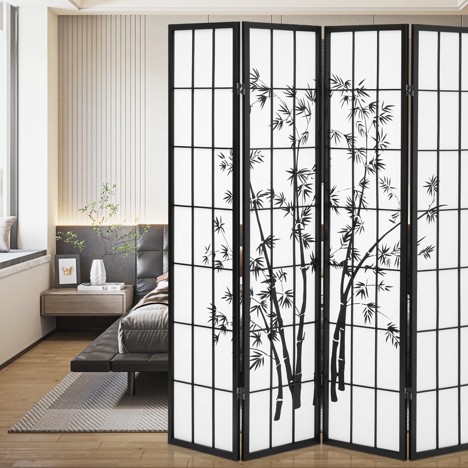 Athena Collection 4 Panel Bamboo Room Divider - 5.9ft Japanese Style Folding Privacy Screen, Freestanding Wood Partition for Bedroom, Home Office & Living Room - Black | Perfect for Space Separation & Home Decor