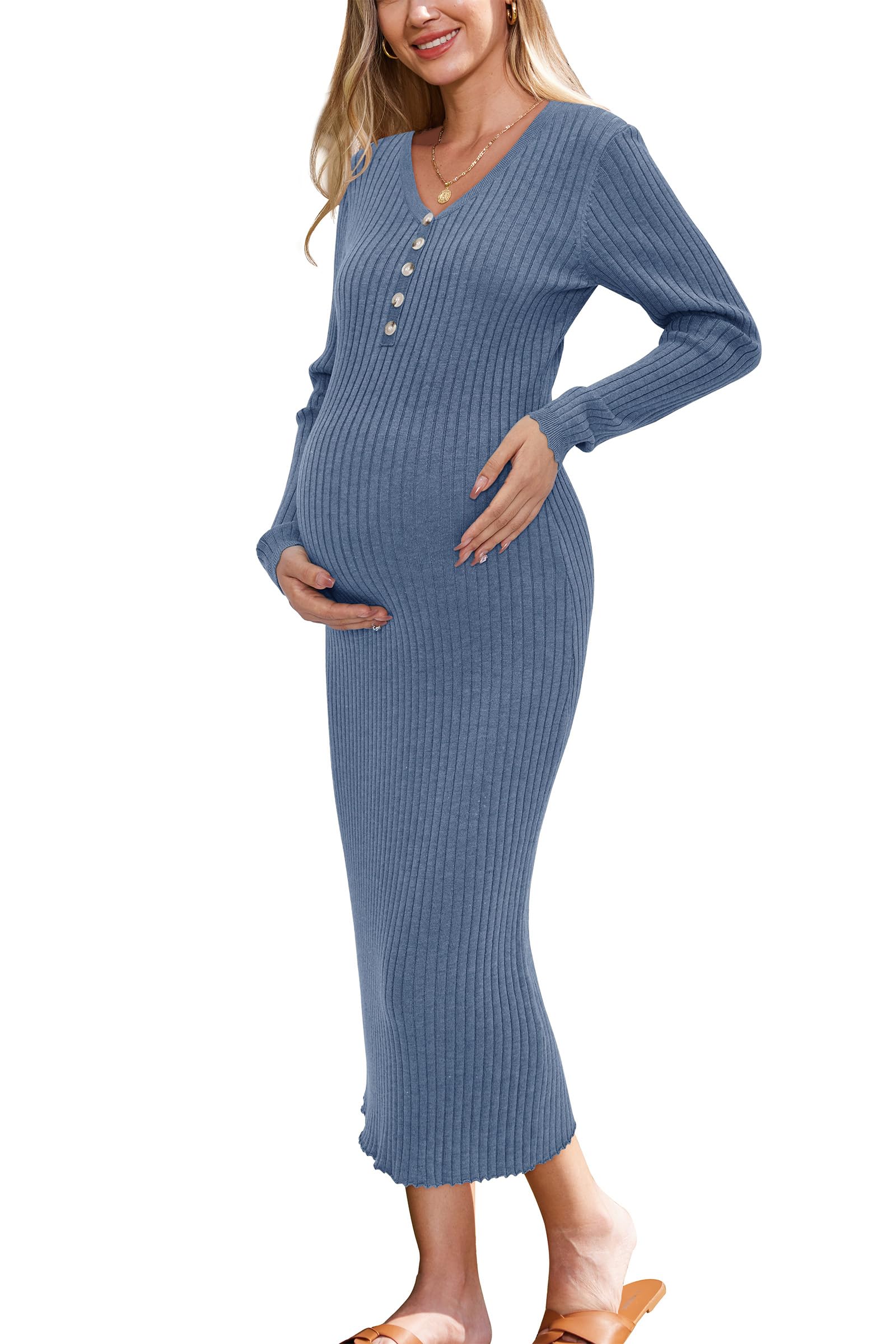 OUGES Women's Wool Blend Maternity Sweater Dress - 2024 Fall V-Neck Long Sleeve Slim Fit Ribbed Knit Midi Bodycon Dress for Pregnancy & Nursing | Perfect for Office, Date Night & Maternity Photos