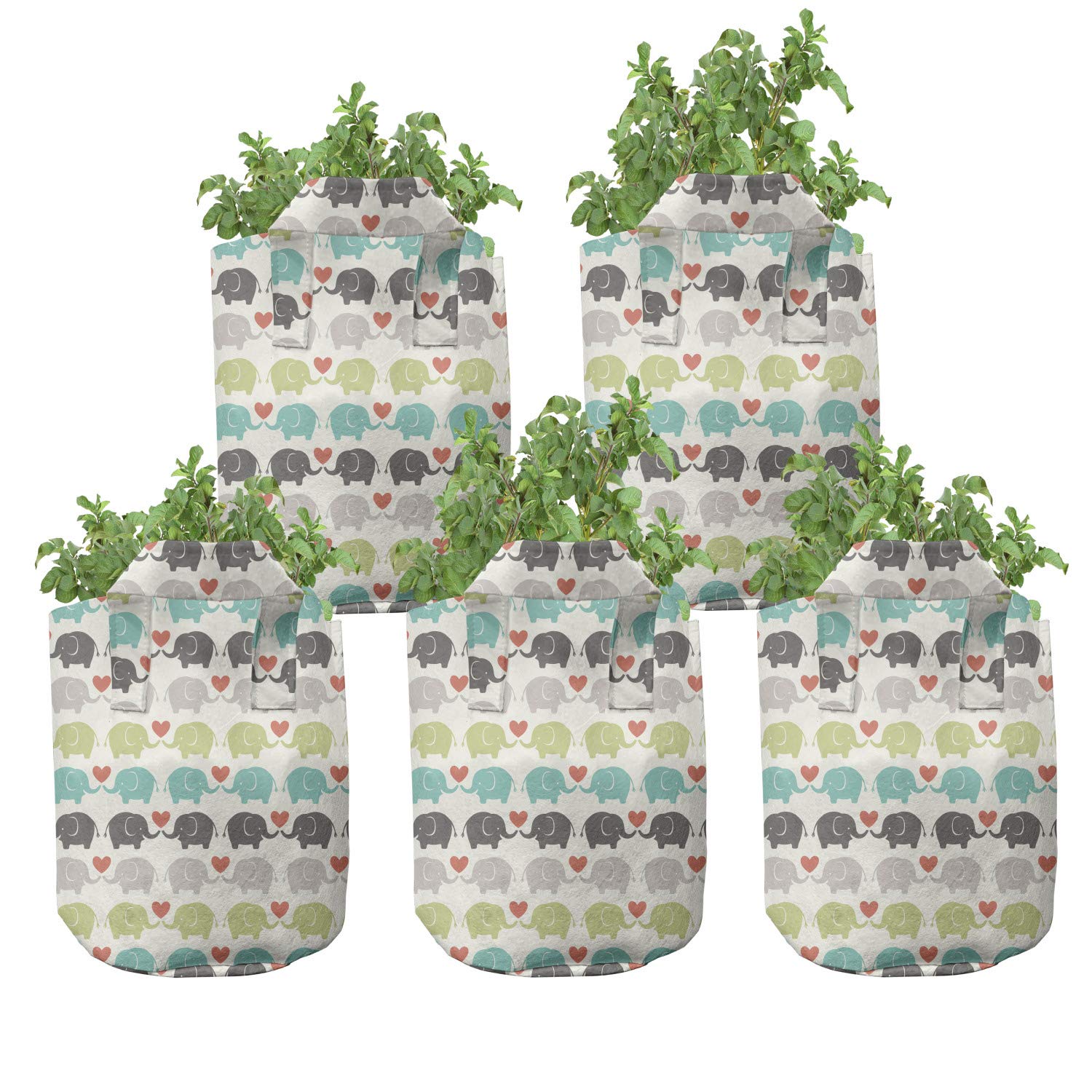 Ambesonne 5-Pack Heavy Duty Fabric Grow Bags with Handles - Cartoon Elephant Design Plant Pots for Indoor/Outdoor Gardening, Vegetables, Flowers & Herbs | Durable, Multicolor & Easy to Use